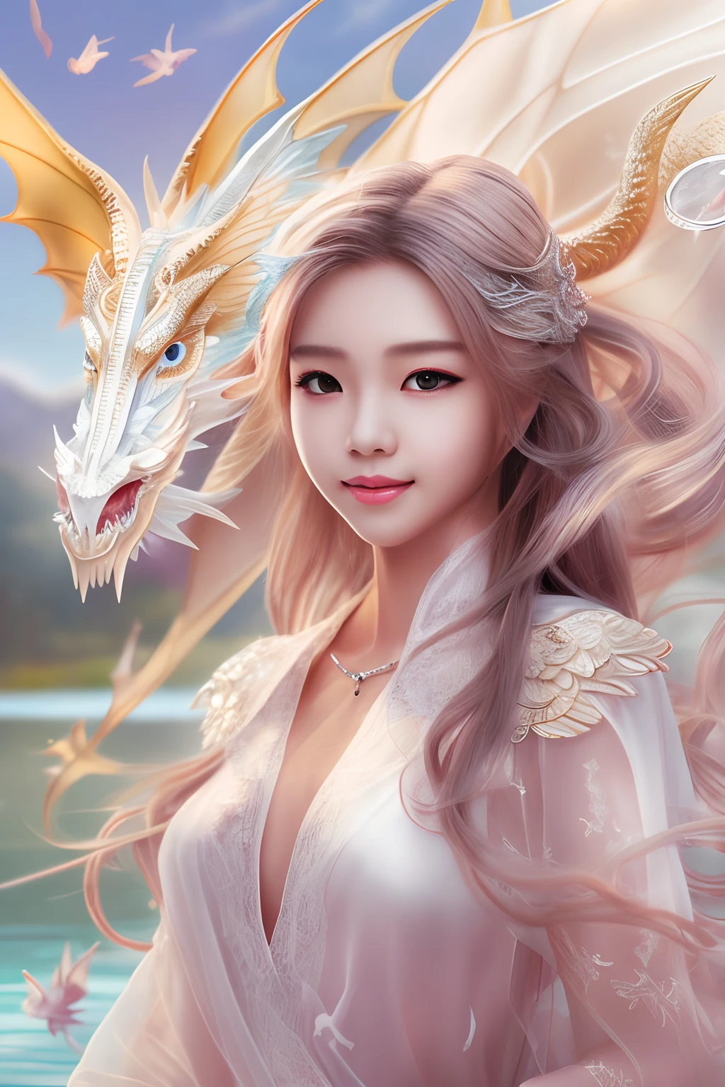 Dragons in Chinese mythology,(Portrait of an angel and a dragon god:1.3,)(Sheer and revealing white fluffy outfit:1.3, ),(Angel with glass wings floating above lake:1.3), (A glass dragon protects angels from behind:1.3),shiny light brown and orange striped hair,,Cute smile,Perfect round face,A cheerful smile that makes the viewer happy,Proper body proportion,masutepiece,Super high-quality output images,hight resolution,Intricate details,Hair fluttering in a very delicate and beautiful wind,photos realistic,Dreamy,Professional Lighting,realistic shadow,Beautiful hands,Beautiful fingers,Detailed finger features,detailed clothes features,Detailed hair features,detailed facial features,