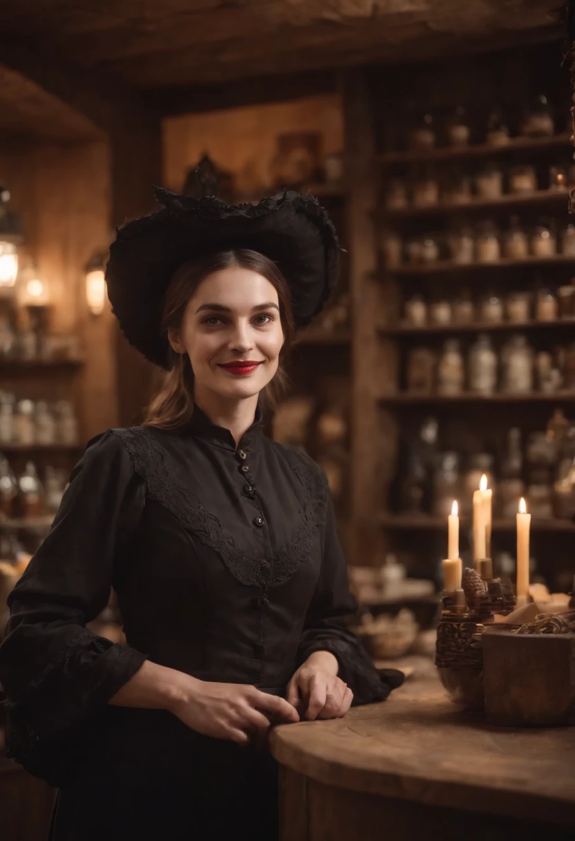 A witch stands behind the counter of her shop, greeting customers with a warm smile.