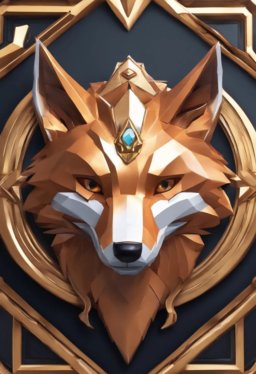 Game medallion with metal fox head close-up with crown，Close-up of the fox's head，hearthstone art style, Hearthstone style art, hearthstone concept art, Riot game concept art, style of league of legends, iconic character splash art, League of Legends crown，Game badge，Surrounding metal feathers，copper gold，c4d渲染，Less detail，less detailing，Huge metal fox head in the middle，The head has gorgeous gemstones