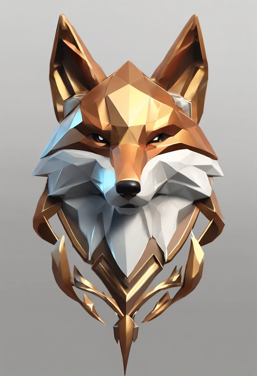 Game medallion with metal fox head close-up with crown,Close-up of the fox's head,hearthstone art style, Hearthstone style art, hearthstone concept art, Riot game concept art, style of league of legends, iconic character splash art, League of Legends crown,Game badge,Surrounding metal feathers,copper gold,c4d渲染,Less detail,less detailing,Huge metal fox head in the middle,The head has gorgeous gemstones