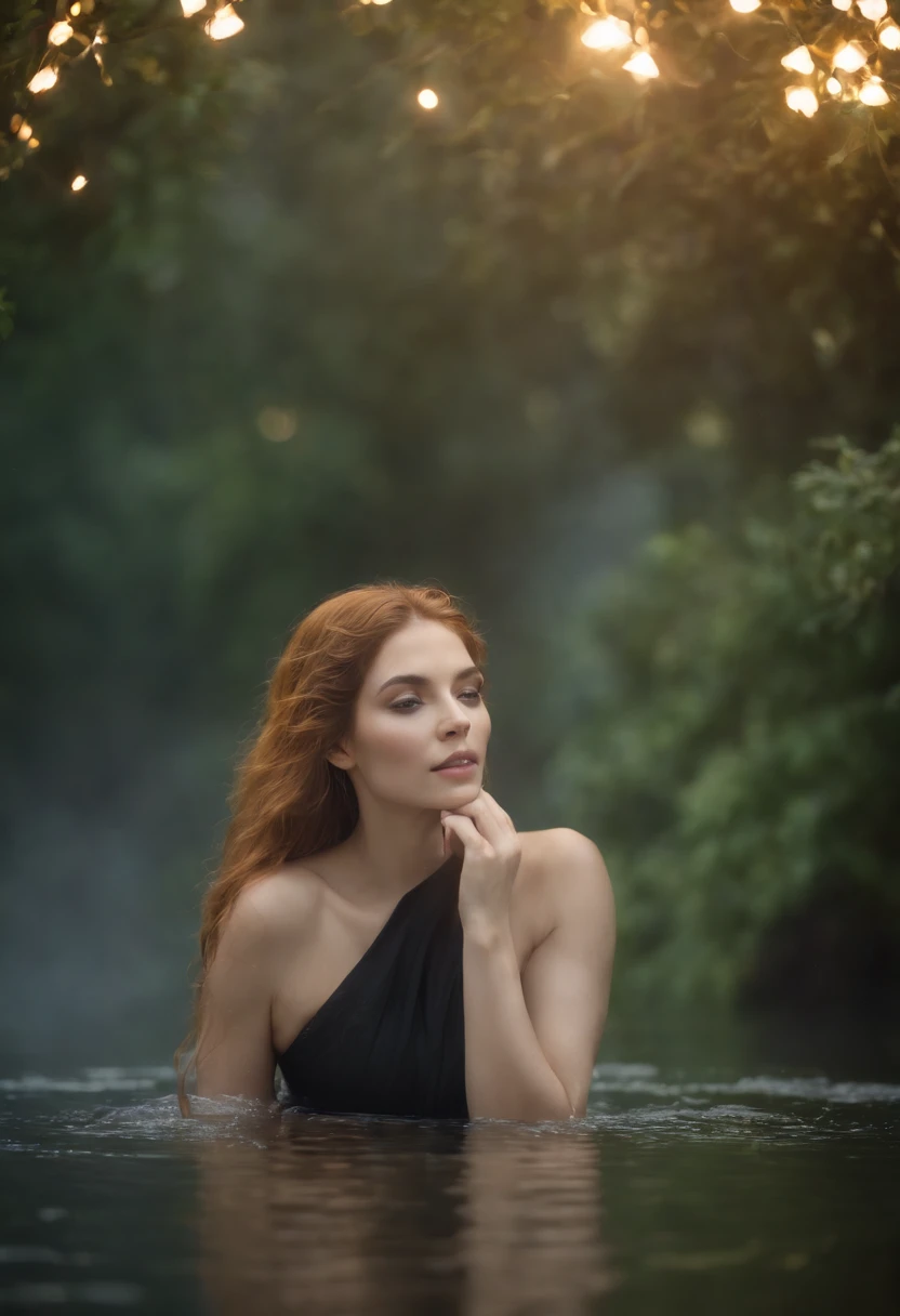 a norse goddess washing herself in a river, only see her muscular back and long beautiful hair, epic scene