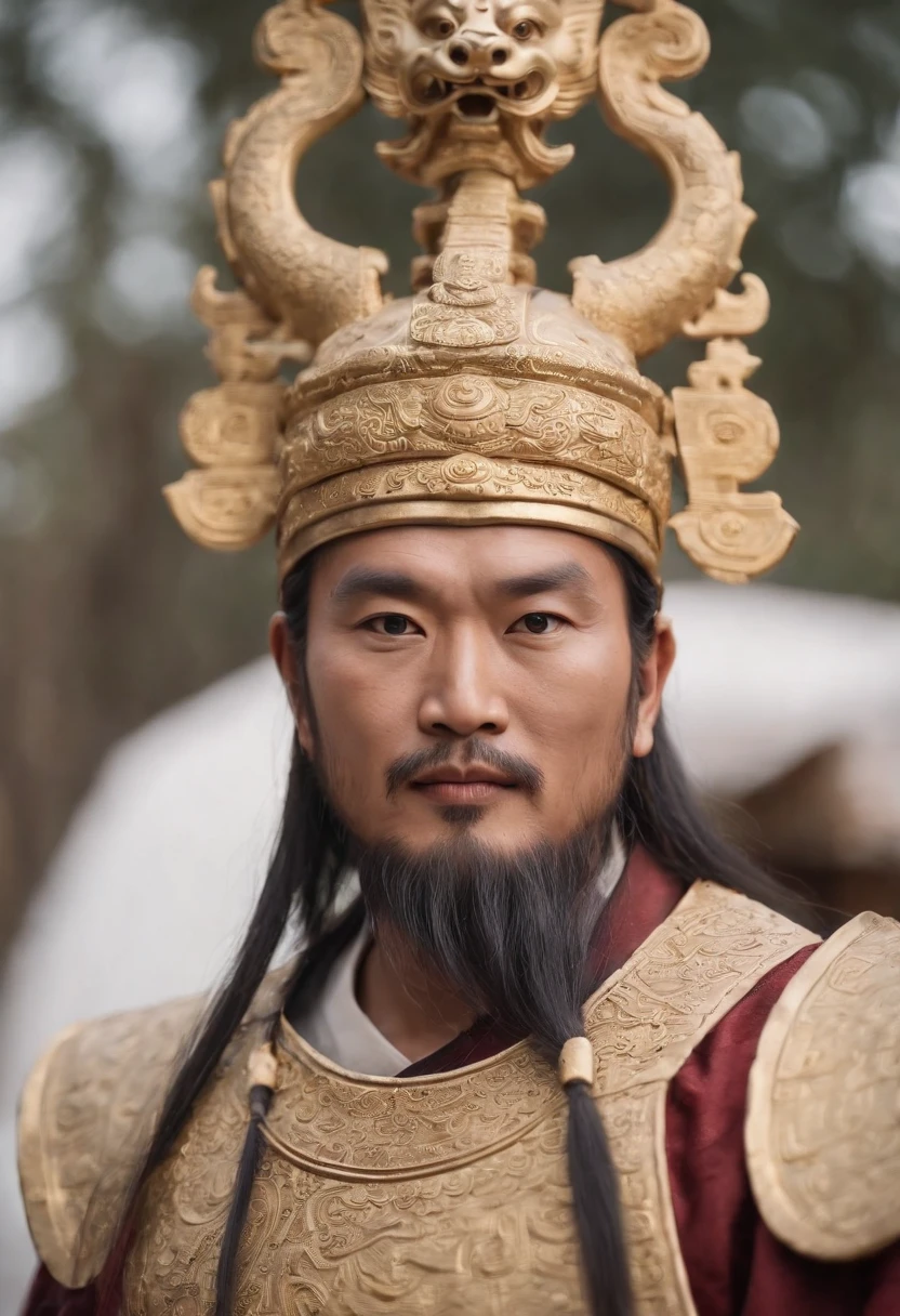 There was a male warrior from ancient China,Face the lens,Big eyes staring at the audience,Holding a white glowing ivory in both hands, Giant full-body portrait,in a panoramic view, ((Overlooking))a massive celestial giant god, Features of the Chinese Shang Dynasty, , Bronze gold mask,statue of a cubes and rings, a shaman holding up the universe, sacrifice