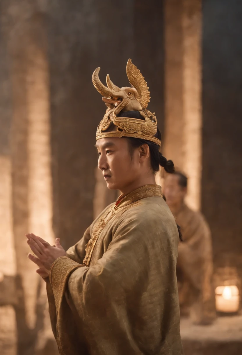 There was a male warrior from ancient China,Face the lens,Big eyes staring at the audience,Holding a white glowing ivory in both hands, Giant full-body portrait,in a panoramic view, ((Overlooking))a massive celestial giant god, Features of the Chinese Shang Dynasty, , Bronze gold mask,statue of a cubes and rings, a shaman holding up the universe, sacrifice
