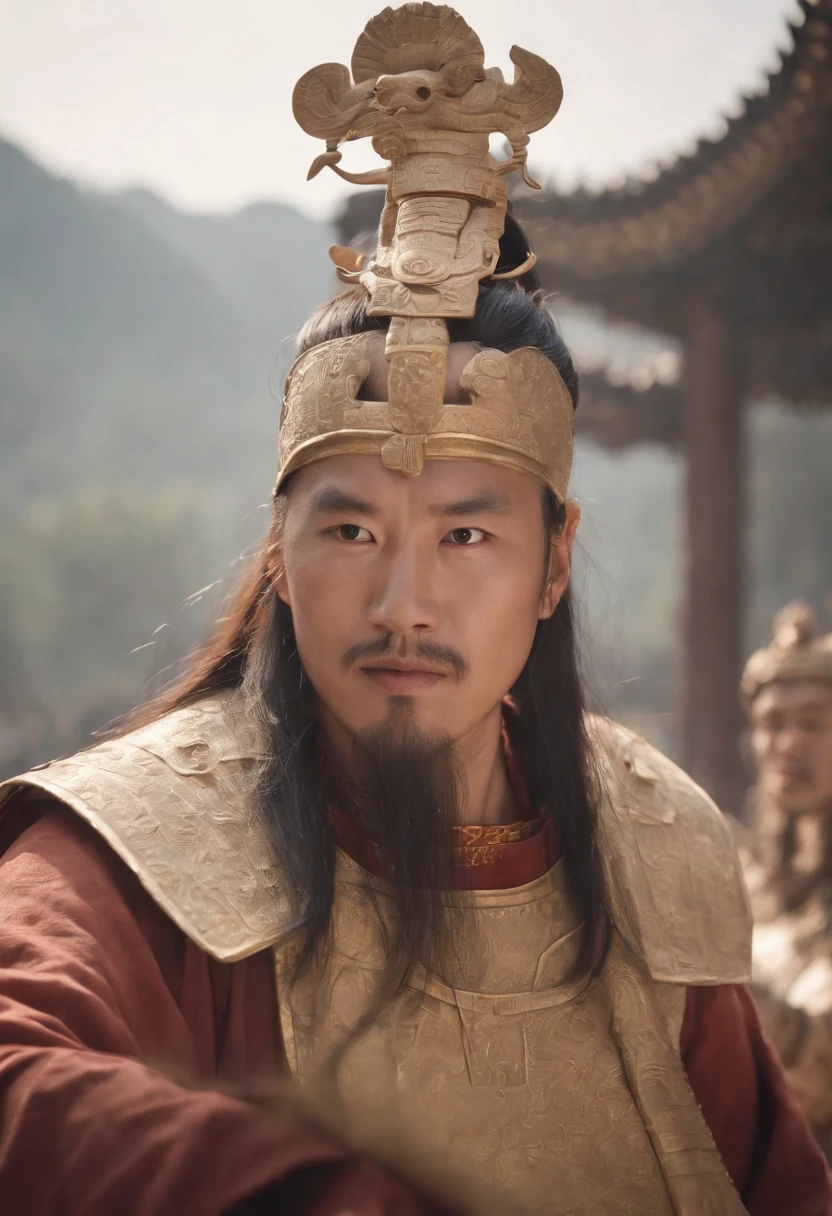 There was a male warrior from ancient China,Face the lens,Big eyes staring at the audience,Holding a white glowing ivory in both hands, Giant full-body portrait,in a panoramic view, ((Overlooking))a massive celestial giant god, Features of the Chinese Shang Dynasty, , Bronze gold mask,statue of a cubes and rings, a shaman holding up the universe, sacrifice