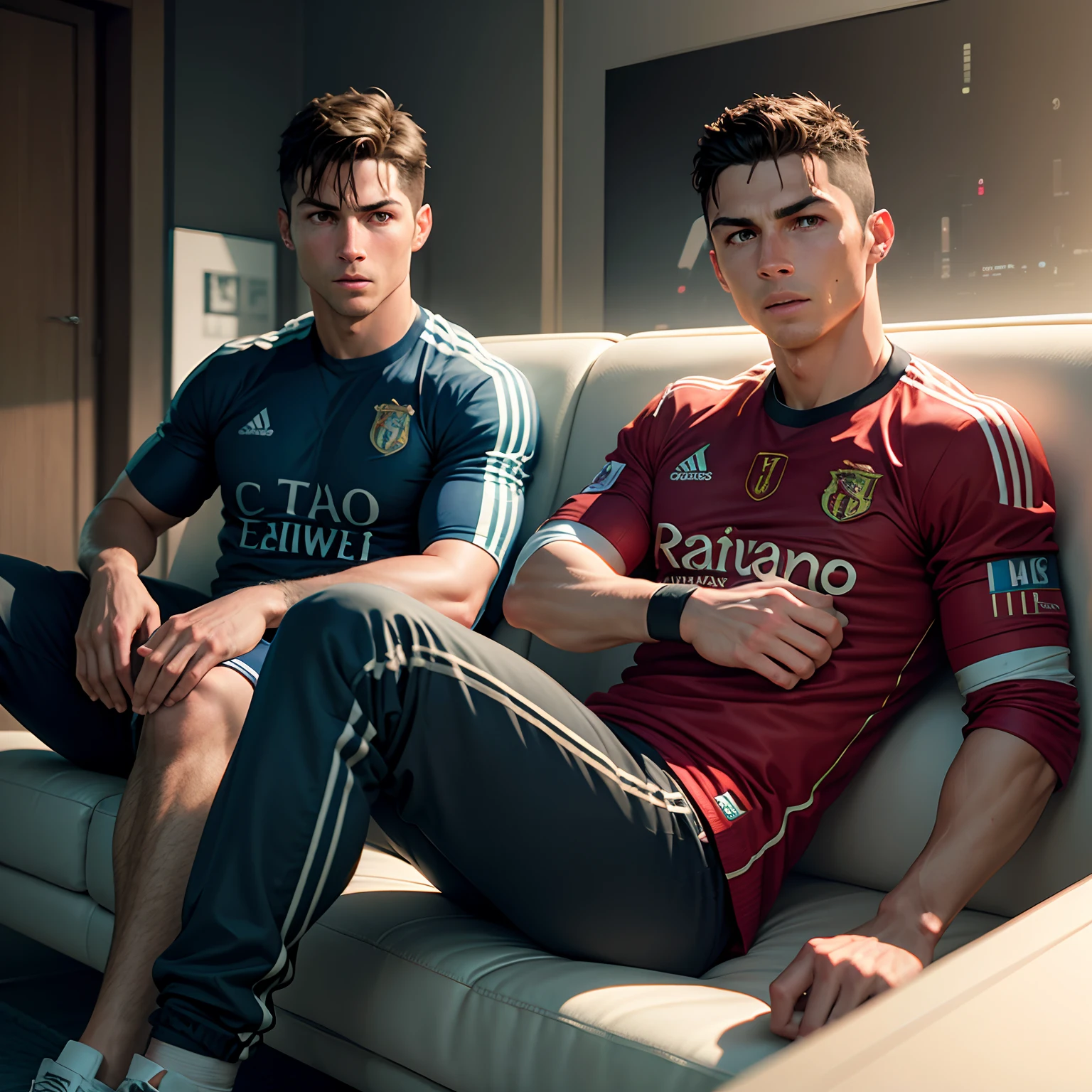 Cristiano Ronaldo and Messi watching TV together realistic face 8k Ultra realistic real face