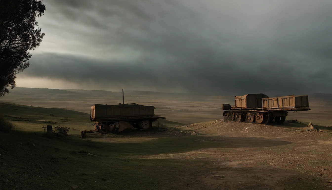 (old,aged,wartime,vintage war,vintage style),antique scenery,dilapidated buildings,destroyed lands,muddy trenches,tattered flags,smoke and dust,heavy artillery,foggy atmosphere,dark and gloomy color palette,dim lighting,crumbling ruins,abandoned vehicles,rugged terrain,reflective pools of water,desolate landscapes,stark contrasts,mysterious shadows,war-torn city,a sense of despair and destruction,haunting beauty,post-apocalyptic setting,battle scars,distant sounds of gunfire,mist-covered battlegrounds,solemn and solemn atmosphere,history in every crack and crevice,warrior spirits lingering in the air,emotional and atmospheric,remnants of a forgotten era.