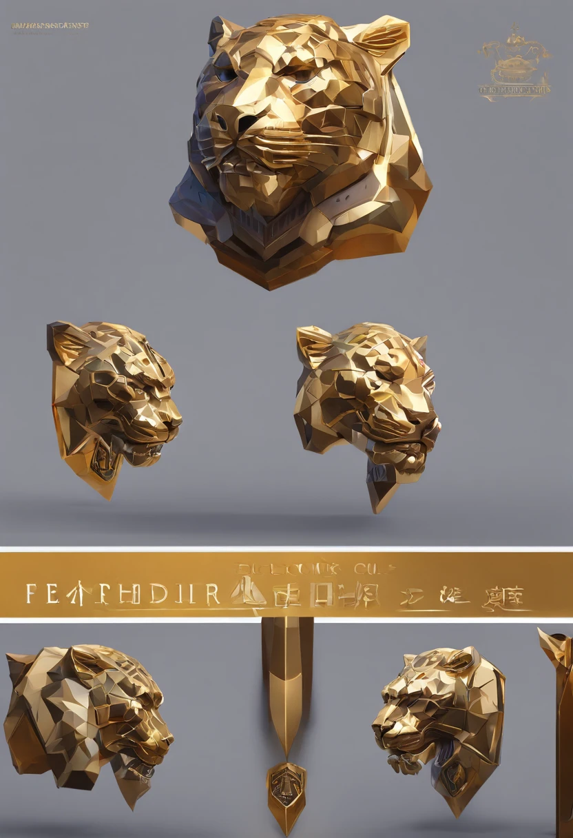 Game medallion with metal leopard head closeup with crown,Close-up of leopard head,hearthstone art style, Hearthstone style art, hearthstone concept art, Riot game concept art, style of league of legends, iconic character splash art, League of Legends crown,Game badge,Surrounding metal feathers,copper gold,c4d渲染,Less detail,less detailing,Huge metal leopard head in the middle,The head has gorgeous gemstones