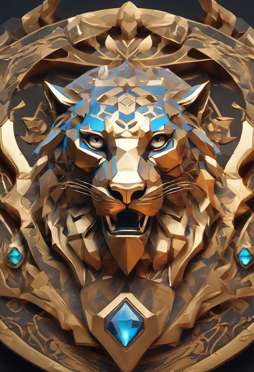 Game medallion with metal leopard head closeup with crown,Close-up of leopard head,hearthstone art style, Hearthstone style art, hearthstone concept art, Riot game concept art, style of league of legends, iconic character splash art, League of Legends crown,Game badge,Surrounding metal feathers,copper gold,c4d渲染,Less detail,less detailing,Huge metal leopard head in the middle,The head has gorgeous gemstones
