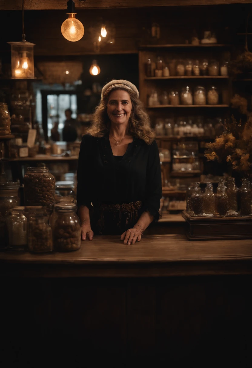A witch stands behind the counter of her shop, greeting customers with a warm smile.