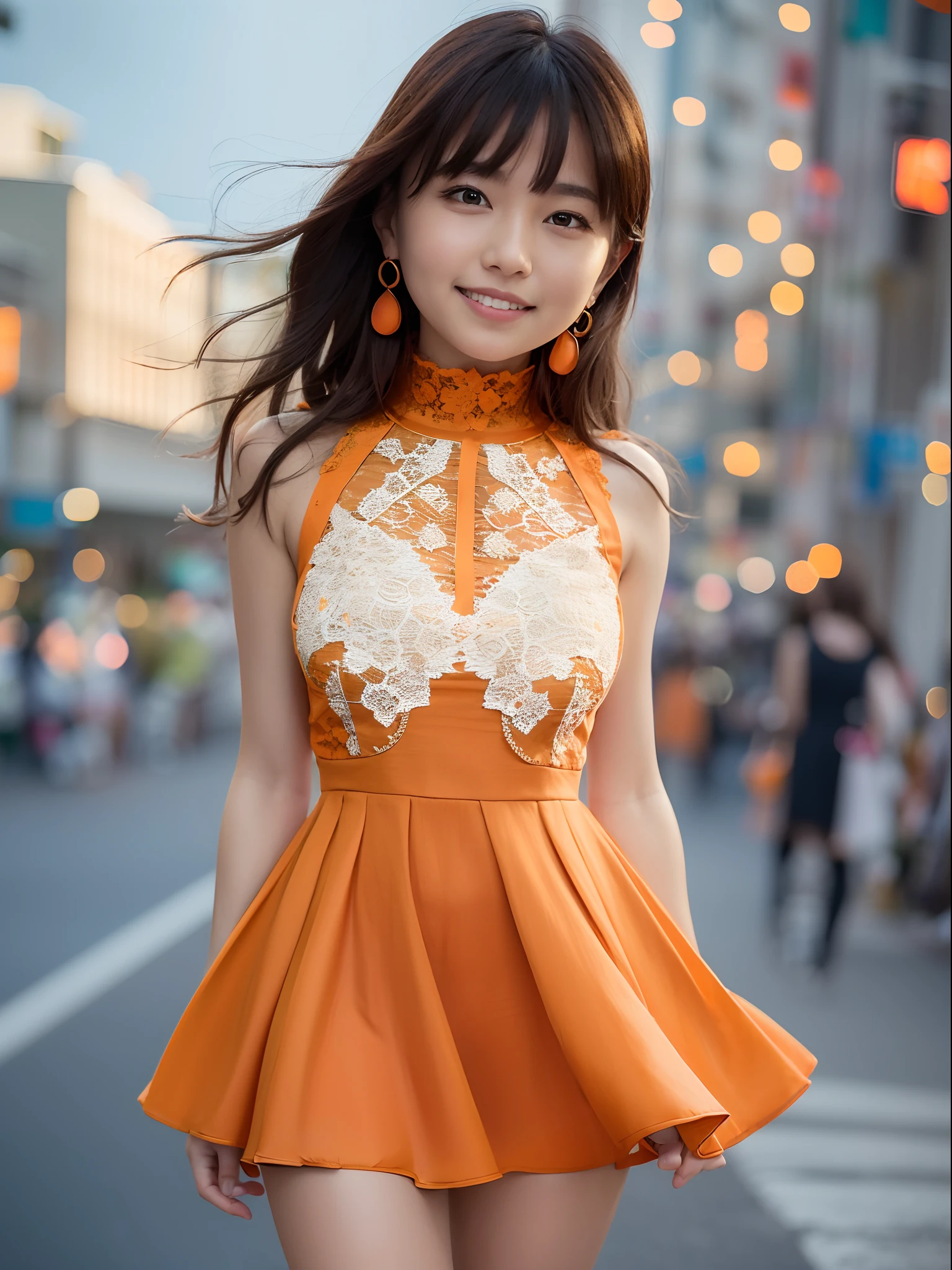 Woman posing on street corner in miniskirt dress, top-quality, hight resolution, 8K, 1girl in, (Round clean), tag, with light glowing, plein air, (a street:0.8), (a person, Large crowds:1), (lace trimmed dress:1.5, Orange clothes:1.5, Orange High Neck Dress:1.5, Sleeveless dress, Orange dress:1.5), a gorgeous, Medium Hair, Beautiful details sky, earring beautiful, (dynamicposes:0.8), (The upper part of the body:1.2), Soft lighting、the wind、shinny skin、looking at the viewers、A smile、Open your mouth、tusk、Eyes half closed、
