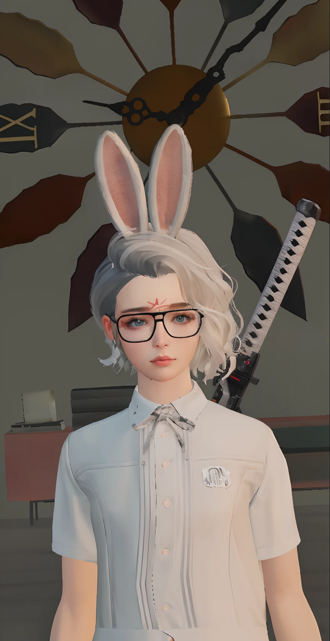 there is a woman with bunny ears and glasses standing in front of a clock, wearing cybernetic bunny ears, with bunny ears, bunnypunk, with big rabbit ears, rabbit ears, bunny ears, halfbody headshot, second life avatar, bunny girl, pointy bunny ears, kawaii realistic portrait, with bunny rabbit ears, in game, ultrarealistic sweet bunny girl