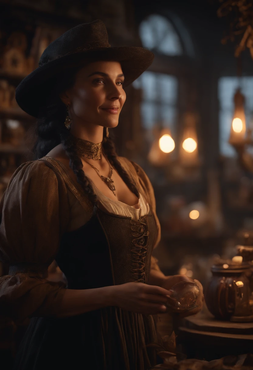 A fullbody beautiful witch portrait,in her shop greeting customers with a warm smile,fantasy, global illumination, backlighting, bloom, ((cold light)), sharp focus, photo realistic, detailed skin, background out of focus, cinematic composition , ultra-detailed, realistic , hyper-realistic , volumetric lighting, 8k, trending on artstation