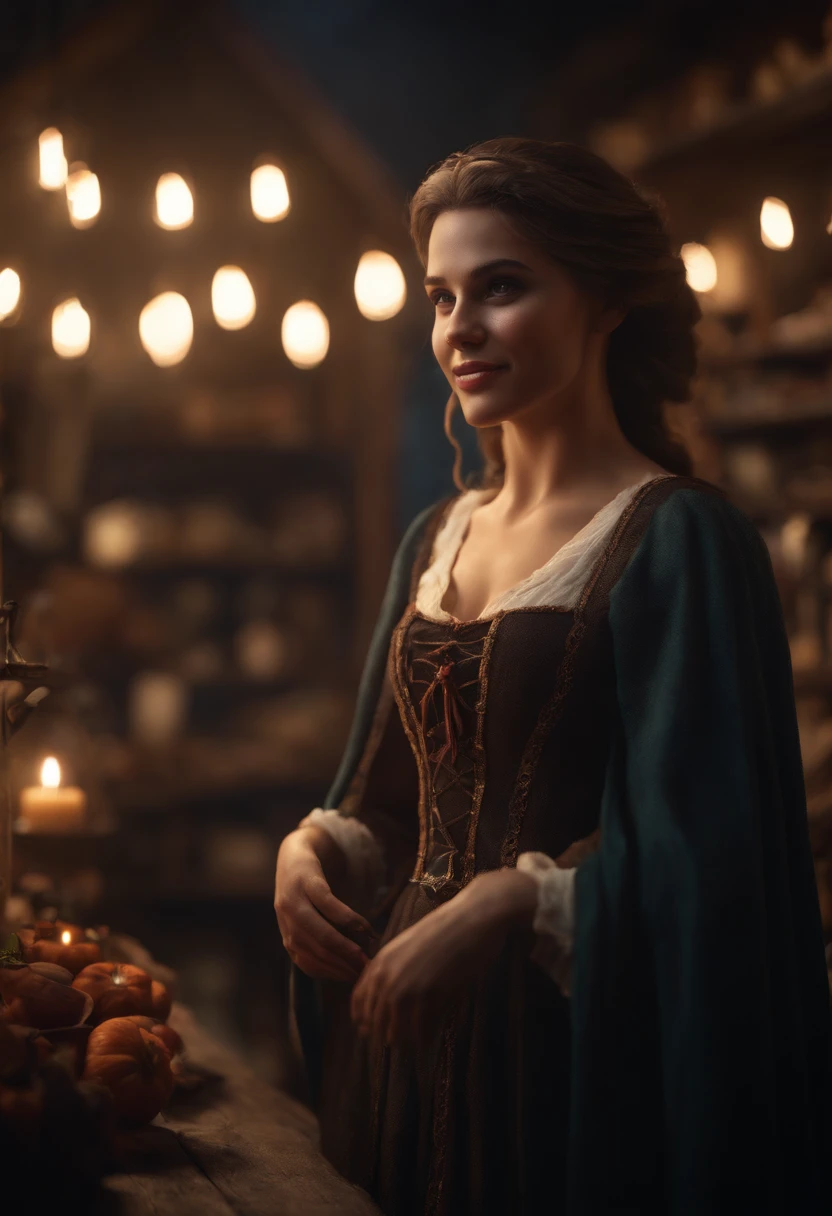 A fullbody beautiful witch portrait,in her shop greeting customers with a warm smile,fantasy, global illumination, backlighting, bloom, ((cold light)), sharp focus, photo realistic, detailed skin, background out of focus, cinematic composition , ultra-detailed, realistic , hyper-realistic , volumetric lighting, 8k, trending on artstation