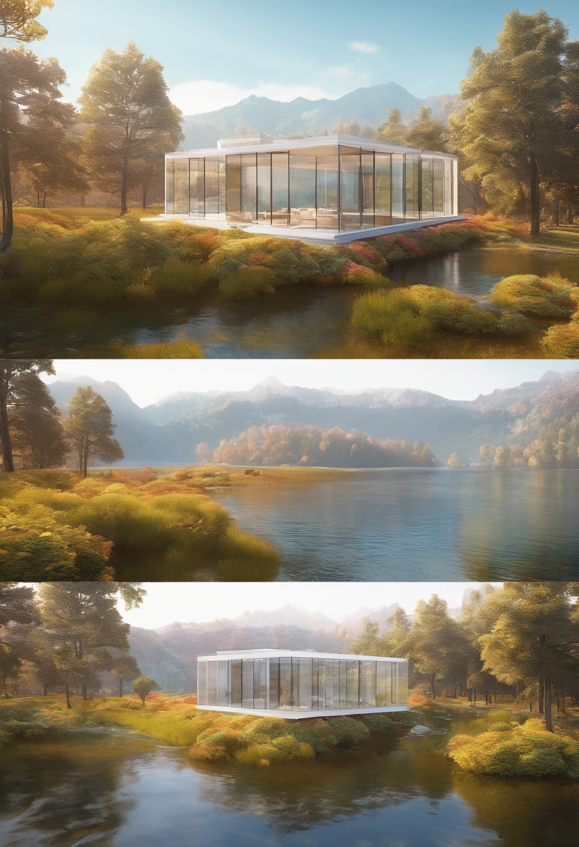 In the middle of the lake is a square glass house,Adopt the technology of the future,Pure white background 8k