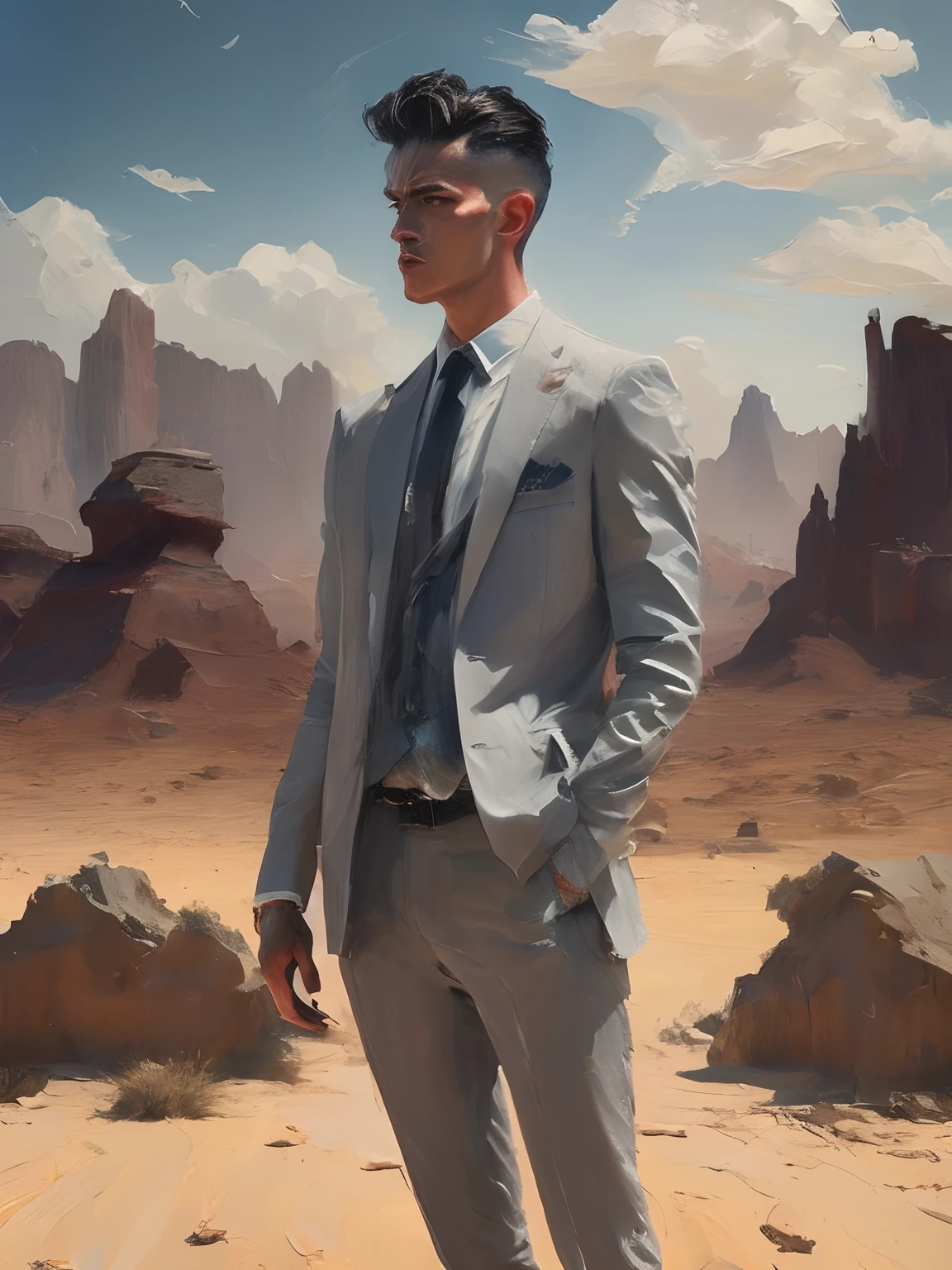 Painting of a man standing、Wearing a gray suit、Pomade hardened hair、desert background、portlate、artstation hd、detailed paintings、Photos taken in Plovia、Oil painting style、Shading、Kodak Portra、film grains、Unsplash function、film grains、cinematic view、Photos taken in Plovia