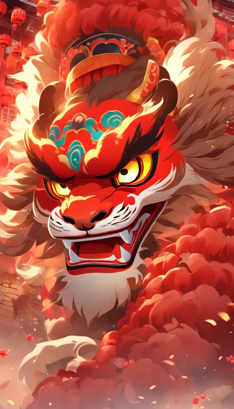 Traditional Chinese culture,1girll,lion dance,Awaken the lion,characteristic,The facial features are delicate and beautiful,The black and red lion head is worn on the head,Dance the lion's head with both hands,jubilation,