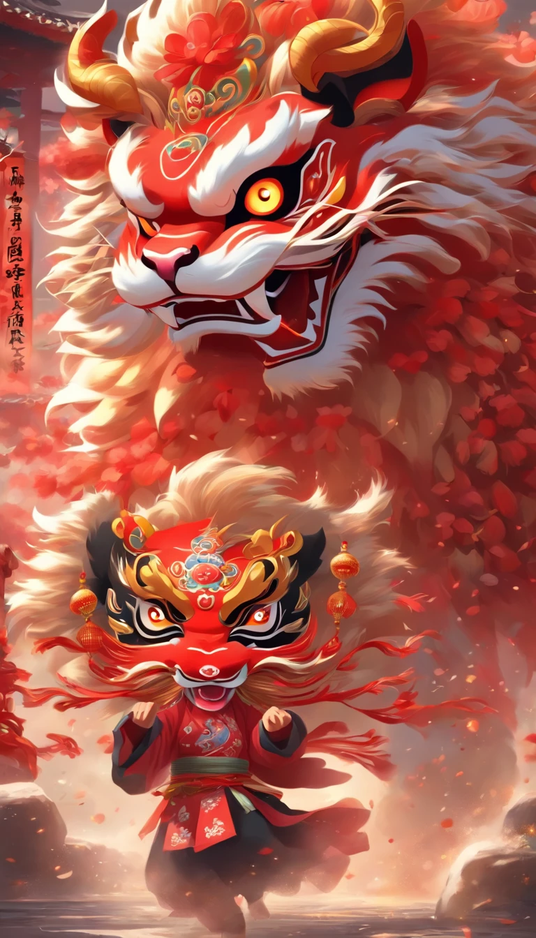 Traditional Chinese culture，1girll，lion dance，Awaken the lion，characteristic，The facial features are delicate and beautiful，The black and red lion head is worn on the head，Dance the lion's head with both hands，jubilation，
