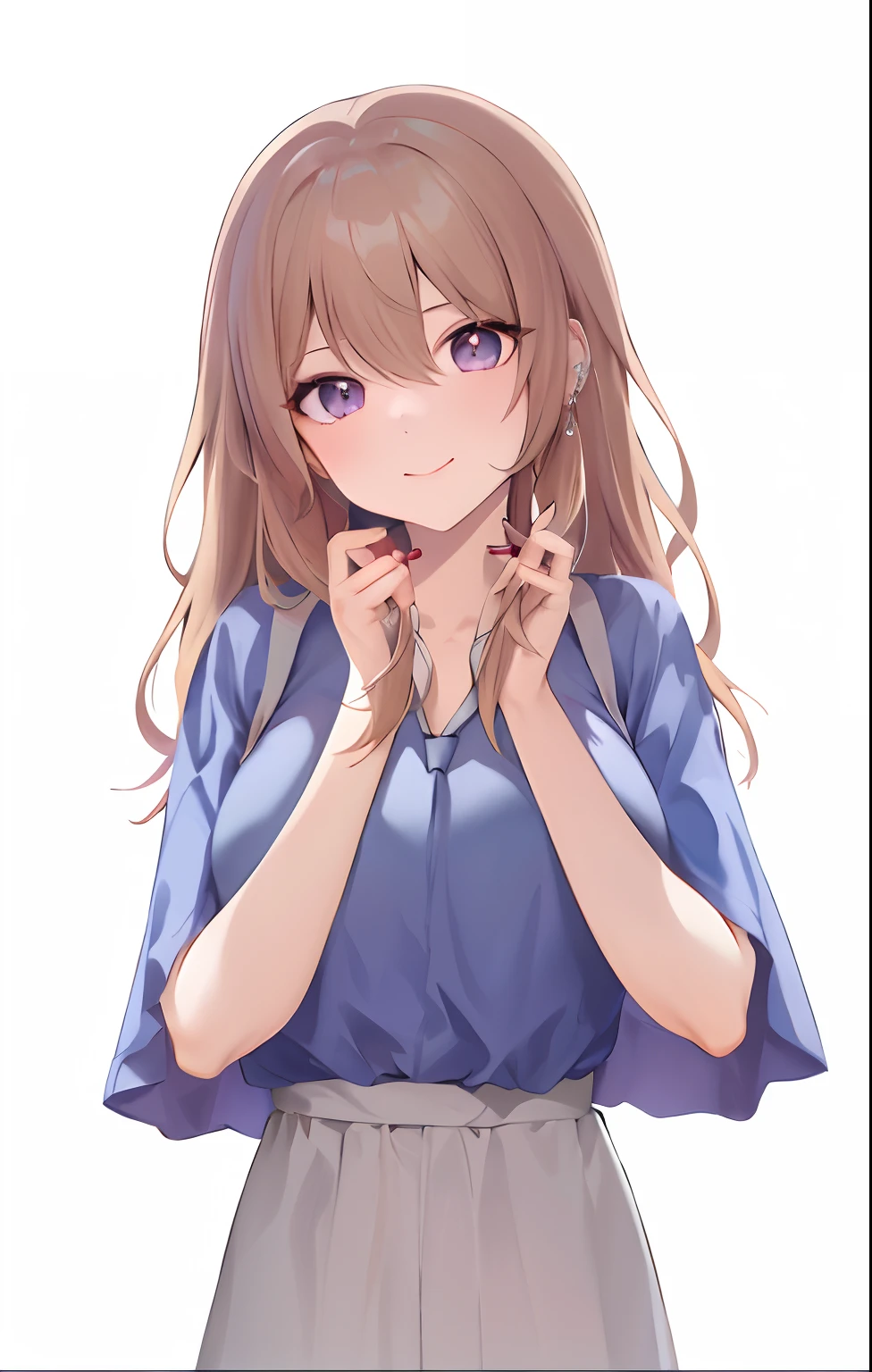 masterpiece, top-quality, hight resolution, kitagawa marin, 1girl in, blonde hair, length hair, O cabelo multicolorido, Light purple eyes, jewely, 耳Nipple Ring, piercings, 校服, white shirt, Tied shirt, a black choker, blue tie, Plaid skirt, show the grinps, a smile, is standing, cowboy shot, plein air,In the street