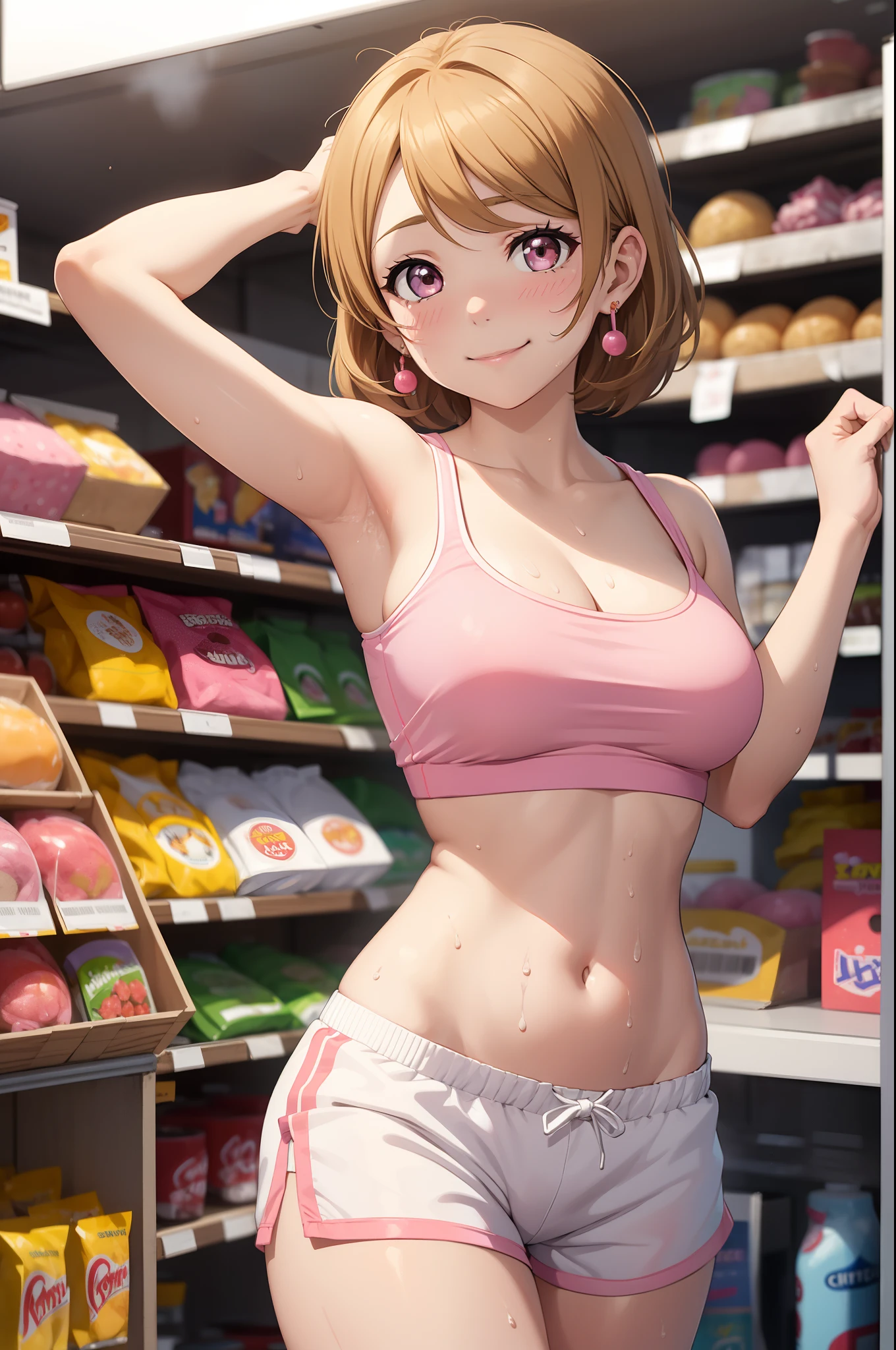 koizumi_hanayo,pink Crop top, white tight shorts,soaked in sweat,sweaty,red face,blunt hair,curvy body, standing in supermarket , exposed armpits, smile, exposed side breasts, earrings