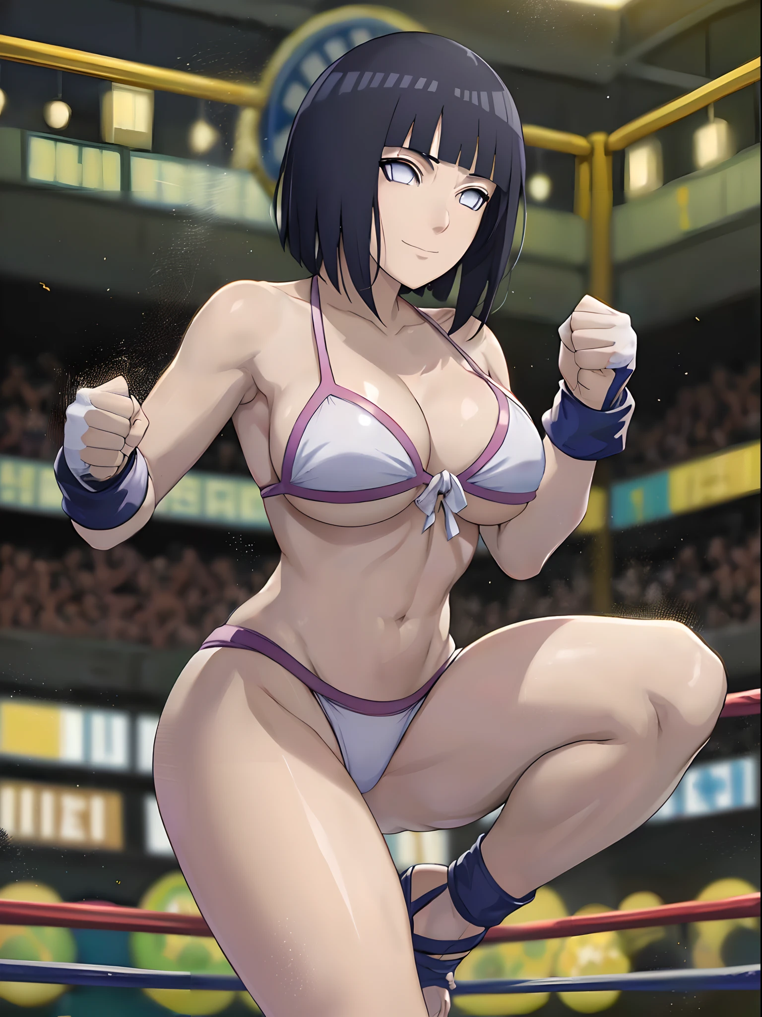 anime style, wrestling ground, (hinata\(boruto\), (female wrestler), (slender body), mature woman, milf, (bikini, pro wrestling gear) victorious, gorgeous, winner, kind face, smile, closed mouth, pale skin, shiny skin, (dark blue hair color:1.1), wavy hair, ((short hair, hime cut), big breasts, (only one arm stretching), long belly, closed fists, seductive, (perfect eyes, white sciera, bright eyes, white eyes, anime eyes, eyeshadow), (groin)