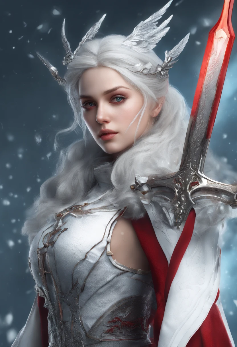 Cirilla Fiona Elen Riannon,Highest image quality,Outstanding details,超高分辨率,(Fidelity:1.4), Favor the details,closeup cleavage,dawn,Snow,winter,Behind it is the wizard's sword,He has a delicate and beautiful face,((Red and white semi-mechanical body:1.8)),Raised sexy,frontage,cyber punk perssonage,Futuristic,mechanically aesthetic,Virtual Engine 5,Perfect detail rendering,rendering by octane,hyper HD