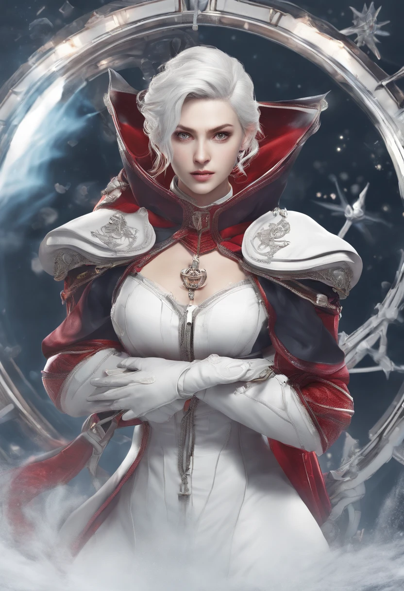 Cirilla Fiona Elen Riannon，Highest image quality，Outstanding details，超高分辨率，（Fidelity：1.4）, Favor the details，closeup cleavage，dawn，Snow，winter，Behind it is the wizard's sword，He has a delicate and beautiful face，（（Red and white semi-mechanical body：1.8）），Raised sexy，frontage，cyber punk perssonage，Futuristic，mechanically aesthetic，Virtual Engine 5，Perfect detail rendering，rendering by octane，hyper HD