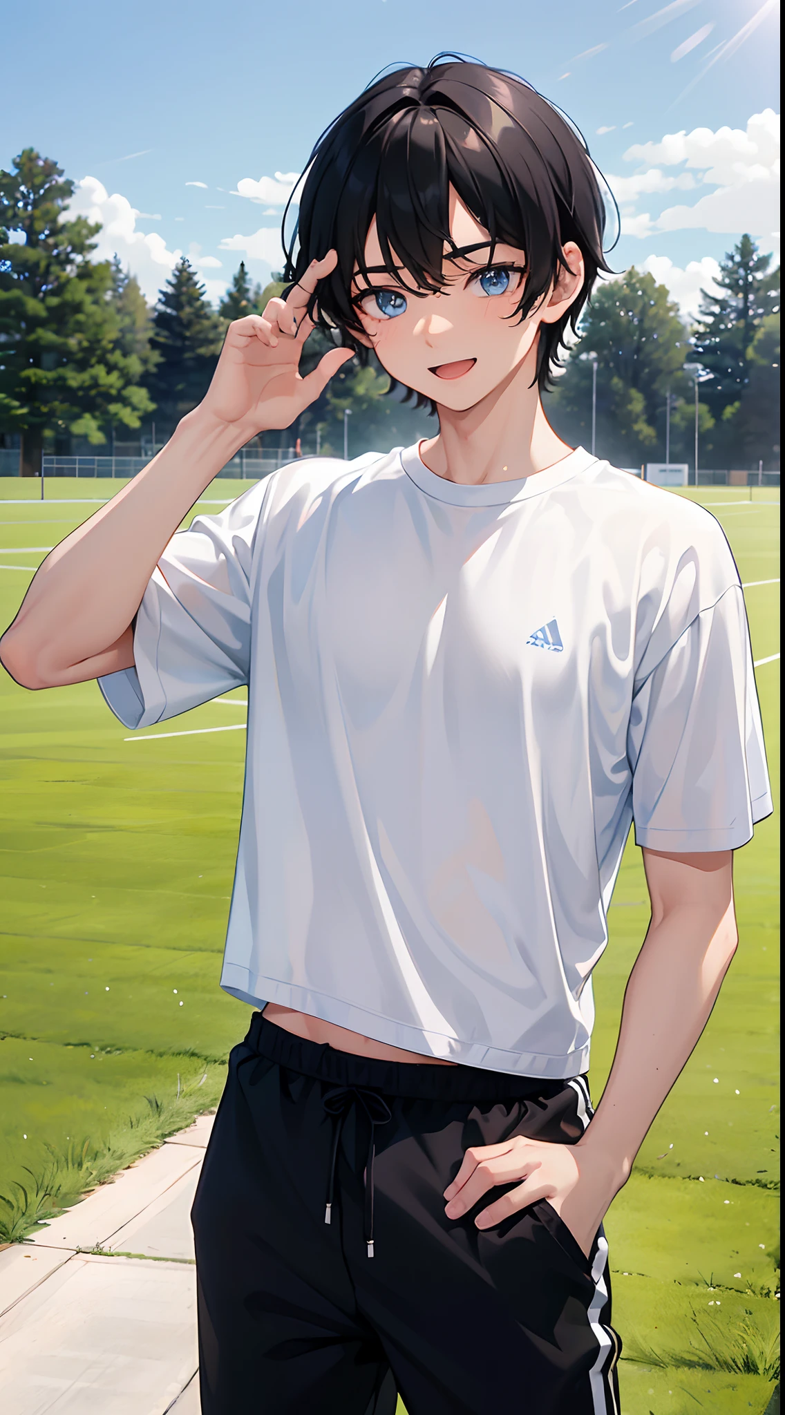 1 boy 19 years old, blue eyes, black hair, wearing a white sports shirt, wearing black gym shorts, wearing white sneakers, surprised face, surprised eyes, smile, raise hand high and wave, sunny weather, noon, standing, resting place next to the jogging field, extremely detailed, best graphics, 8k, ultrasharp, masterpiece