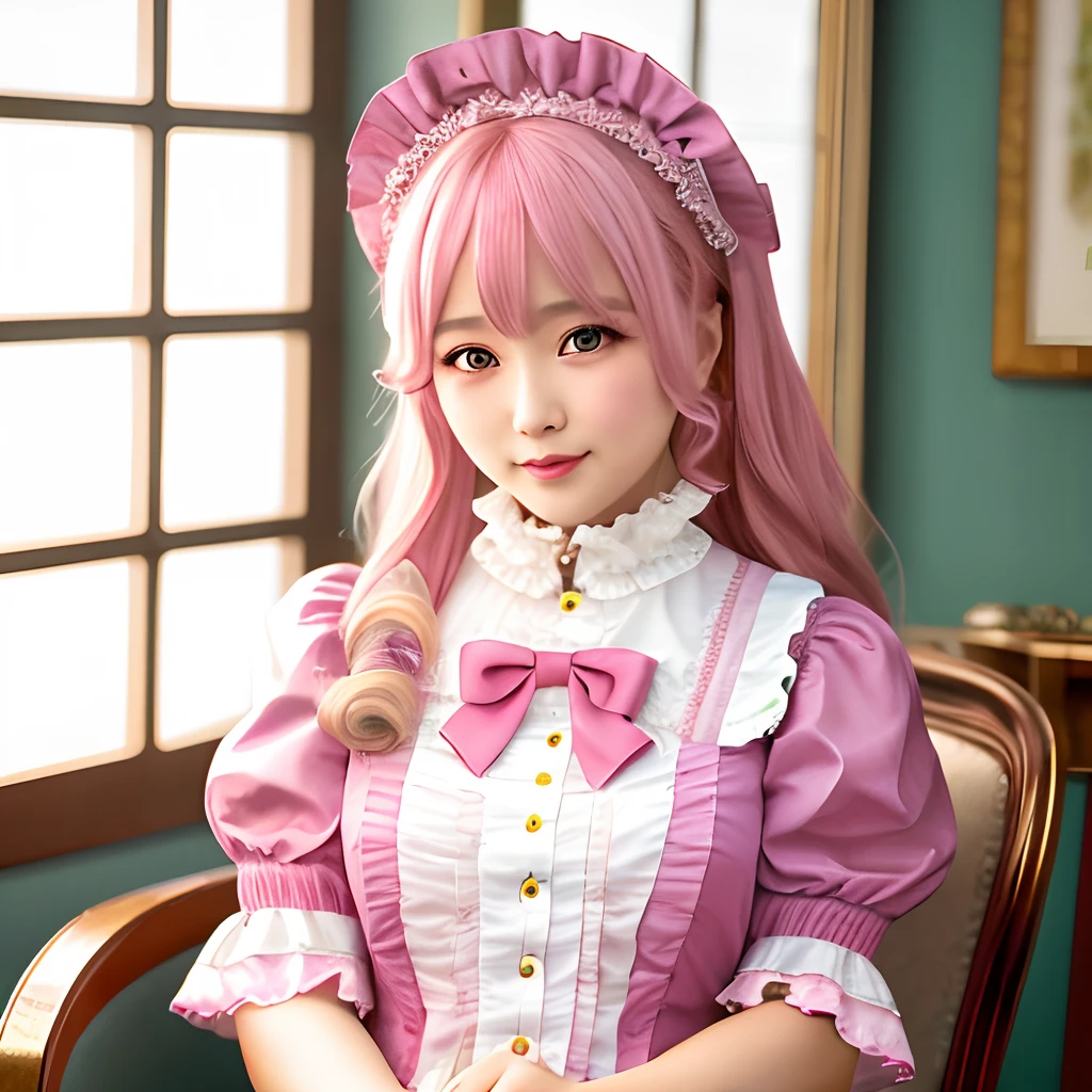 Masterpiece, high quality, 4K, beautiful design, from the front, extremely detailed, amazing, fine detail, absurdres, by lee jeffries nikon d850 film stock photograph 4 kodak portra 400 camera f1.6 lens rich colors hyper realistic lifelike,
lofa, a woman in a pink dress in a cute victorian era room ,woman wearing lofa, frills, ribbons, pink hair, laughing