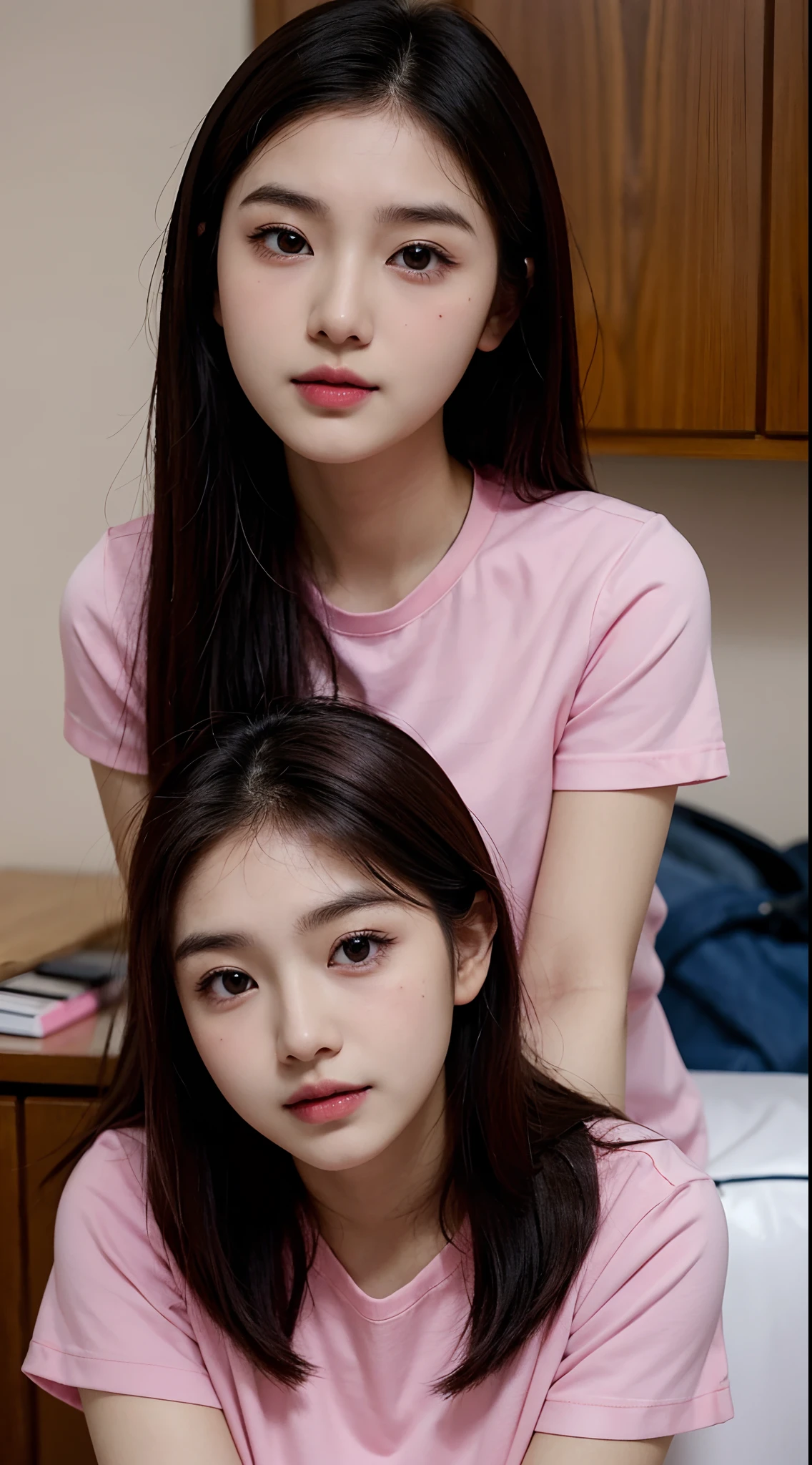 arafed woman with makeup and a pink shirt, asian face, south east asian with round face, young cute wan asian face, with round cheeks, with round face, with small nose, clear cute face, 18 years old, 1 6 , she has a cute face, small heart - shaped face, 21 years old, wan adorable korean face