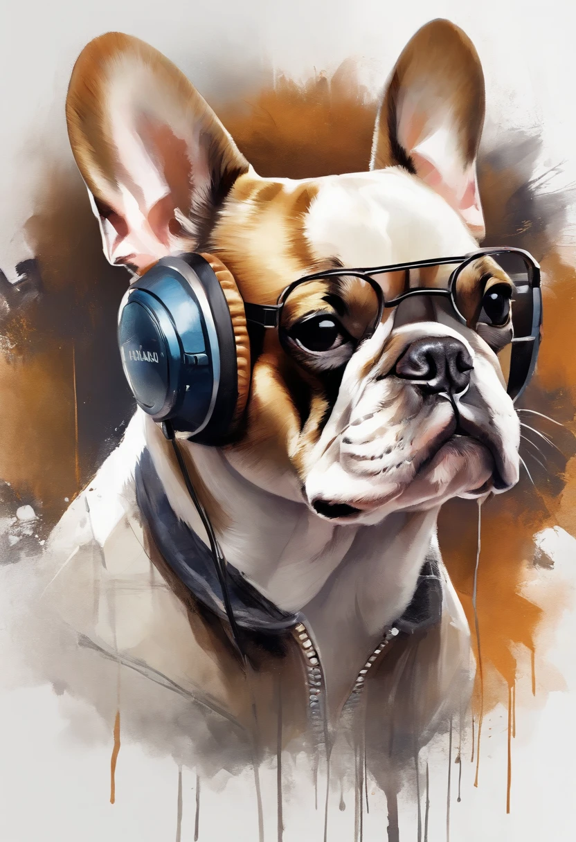 Perfect centering, Cute French Bulldog, Wear a student team jacket, Wearing sunglasses, Wearing headphones, cheerfulness, Standing position, Abstract beauty, Centered, Looking at the camera, Facing the camera, Approaching perfection, Dynamic, Highly detailed, Smooth, Sharp Focus, 8K, hight resolution, Illustration, art by carne griffiths and wadim kashin, White background