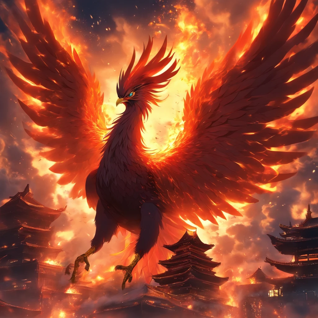 Chinese mythological style,Faraway view,The giant Firebird Phoenix stands in the middle of the burning building,massive wings,Glow effects,Hyper-realistic,Ultra photo realsisim,Chinese ink style,firey,,Smudge,Clouds,8K,super-fine,high qulity,(((OC renderer)))