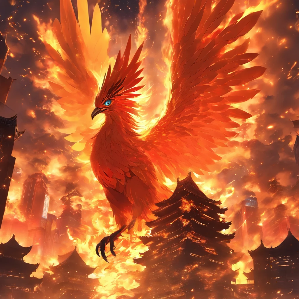 Chinese mythological style，Faraway view，The giant Firebird Phoenix stands in the middle of the burning building，massive wings，Glow effects，Hyper-realistic，Ultra photo realsisim，Chinese ink style，firey，，Smudge，Clouds，8K，super-fine，high qulity，（（（OC renderer）））