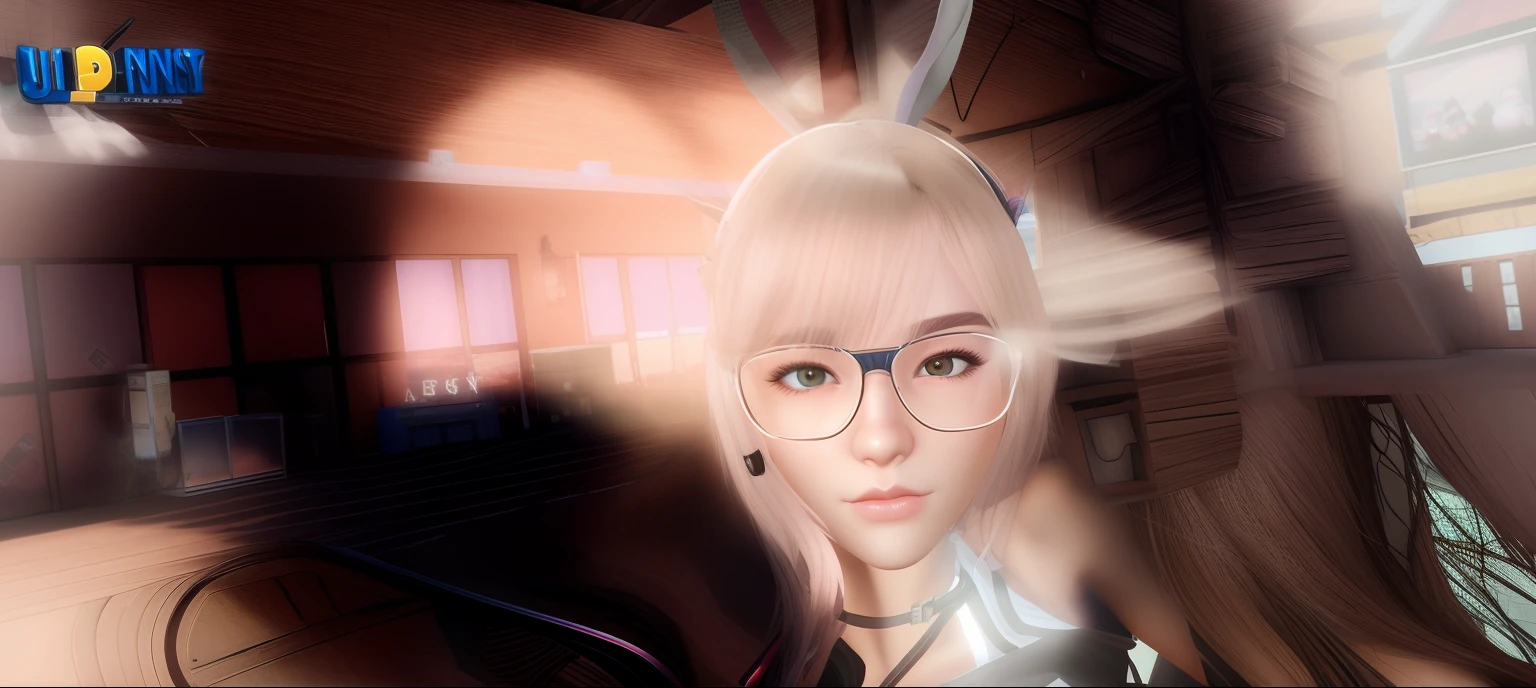 there is a woman with bunny ears and glasses on a boardwalk, second life avatar, with bunny ears, with big rabbit ears, wearing cybernetic bunny ears, rabbit ears, secondlife, bunny ears, bunny girl, rabbit face only, kawaii realistic portrait, detailed photo of virtual world, ultrarealistic sweet bunny girl, in game, in - game, in-game