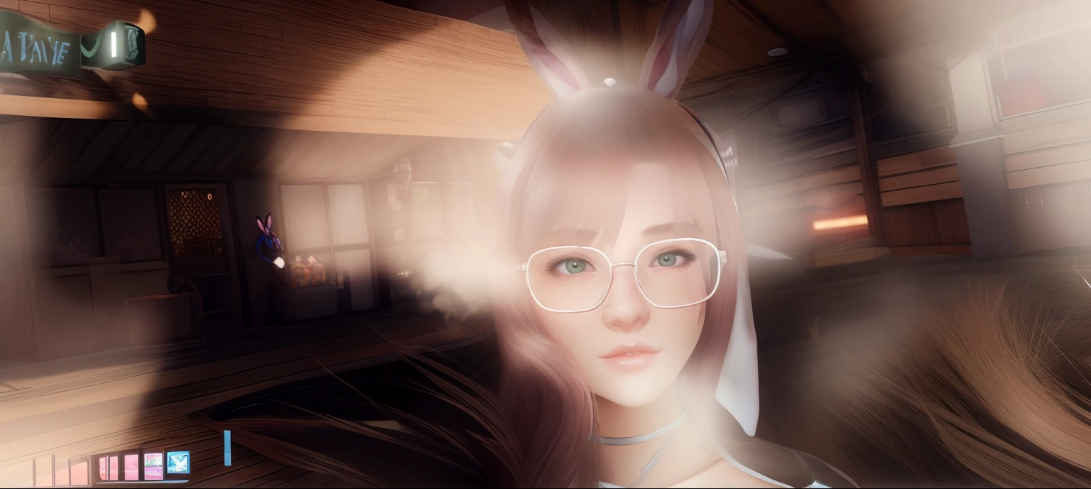 there is a woman with bunny ears and glasses on a boardwalk, second life avatar, with bunny ears, with big rabbit ears, wearing cybernetic bunny ears, rabbit ears, secondlife, bunny ears, bunny girl, rabbit face only, kawaii realistic portrait, detailed photo of virtual world, ultrarealistic sweet bunny girl, in game, in - game, in-game
