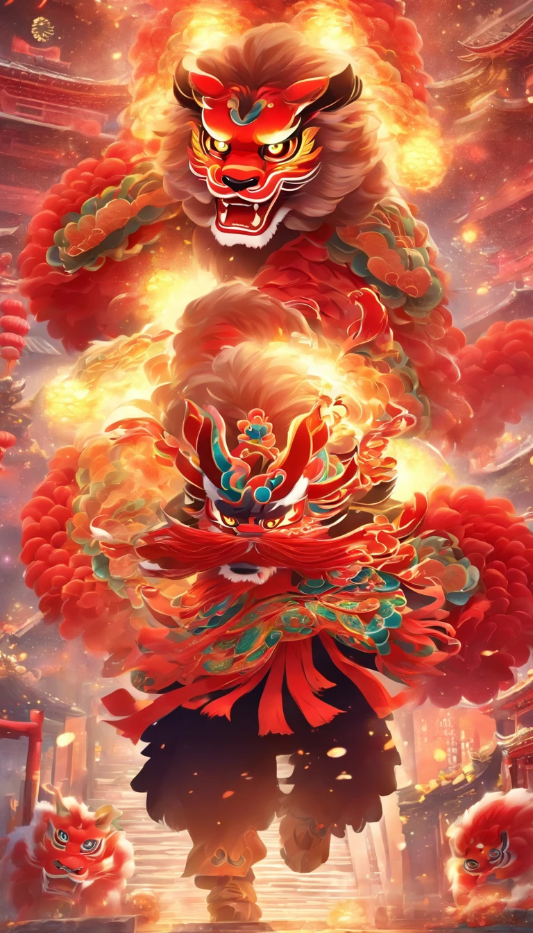 Traditional Chinese culture,1girll,lion dance,Awaken the lion,characteristic,The facial features are delicate and beautiful,The black and red lion head is worn on the head,Dance the lion's head dance with both hands,jubilation,The lion's eyes were shining,