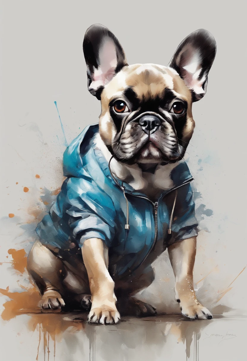 Perfect centering, Cute French Bulldog, Wear a student team jacket, Wearing sunglasses, Wearing headphones, cheerfulness, Standing position, Abstract beauty, Centered, Looking at the camera, Facing the camera, Approaching perfection, Dynamic, Highly detailed, Smooth, Sharp Focus, 8K, hight resolution, Illustration, art by carne griffiths and wadim kashin, White background