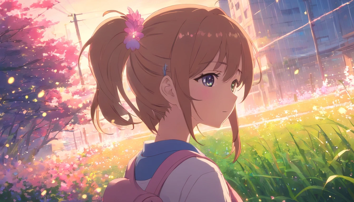 Anime girl with pink double ponytail and hair flowers, style of anime4 K, Anime art wallpaper 4k,wearing nightdress,Turn Back,The upper part of the body,Carry a backpack,stop,Rain drops,lens flare glow,depth of fields,电影灯光,beatiful detailed eyes,Blushlush,Colorful light,particulate,(a color:1.5),The character style rendered by Octane