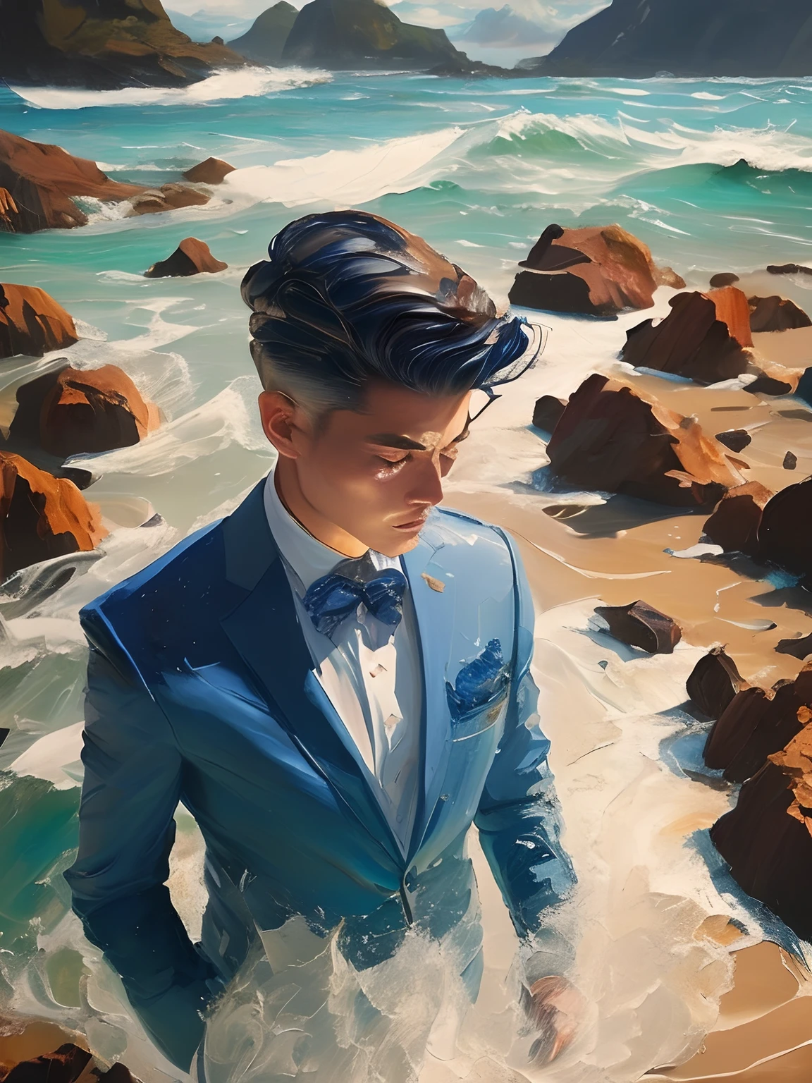 Painting of a man standing、Wearing a blue suit、Pomade cured hair、Have a suitcase、Background of an isolated island floating in the sea、portlate、artstation hd、detailed paintings、Photos taken in Plovia、Oil painting style、shading、Kodak Portra、film grains、Unsplash function、film grains、cinematic view、Photos taken in Plovia