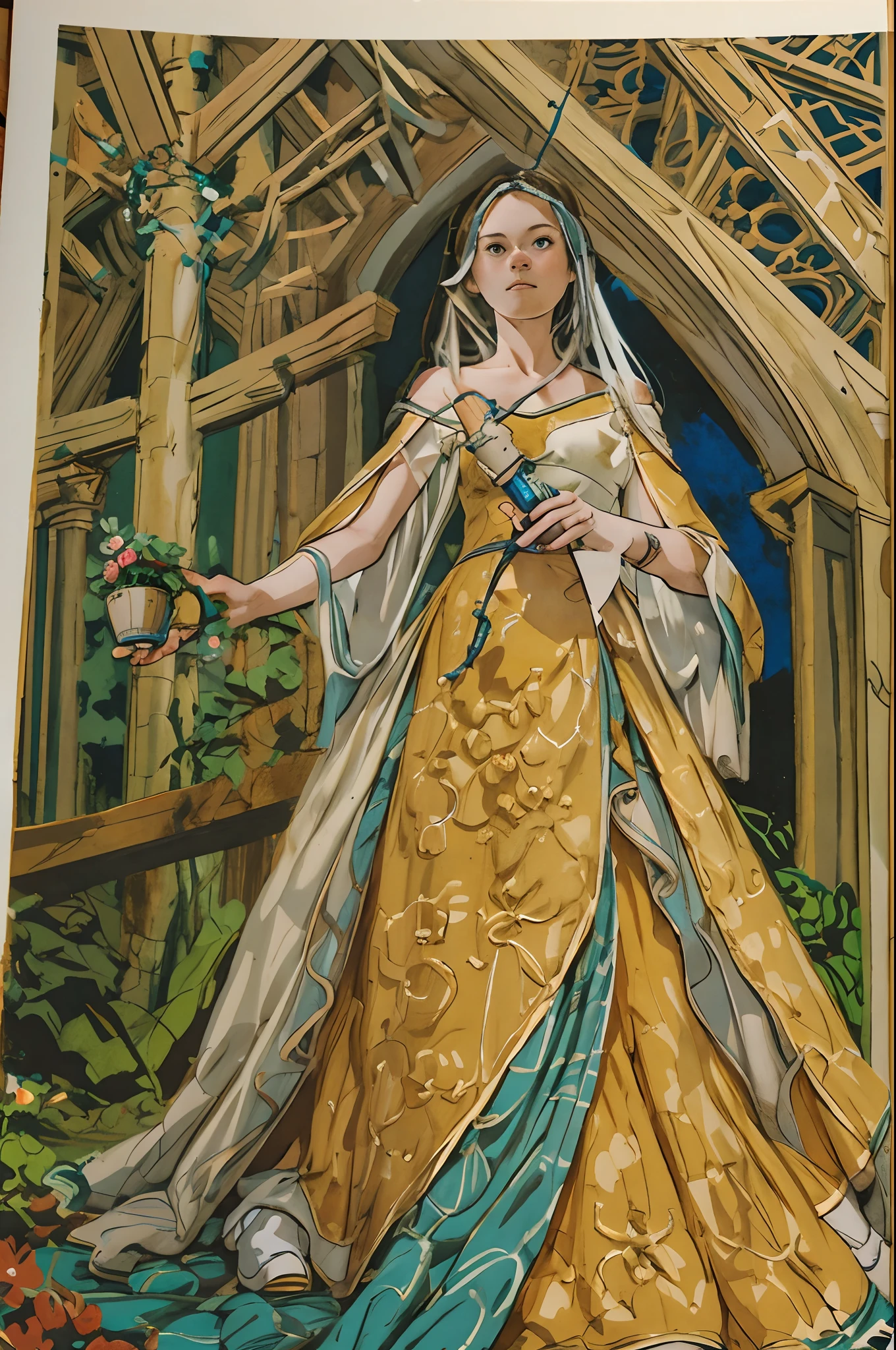 masterpiece, best quality, hyper detailed gouache portrait of a female medieval nouble dress, character prop art, epic scene illustration, graphic novel scene