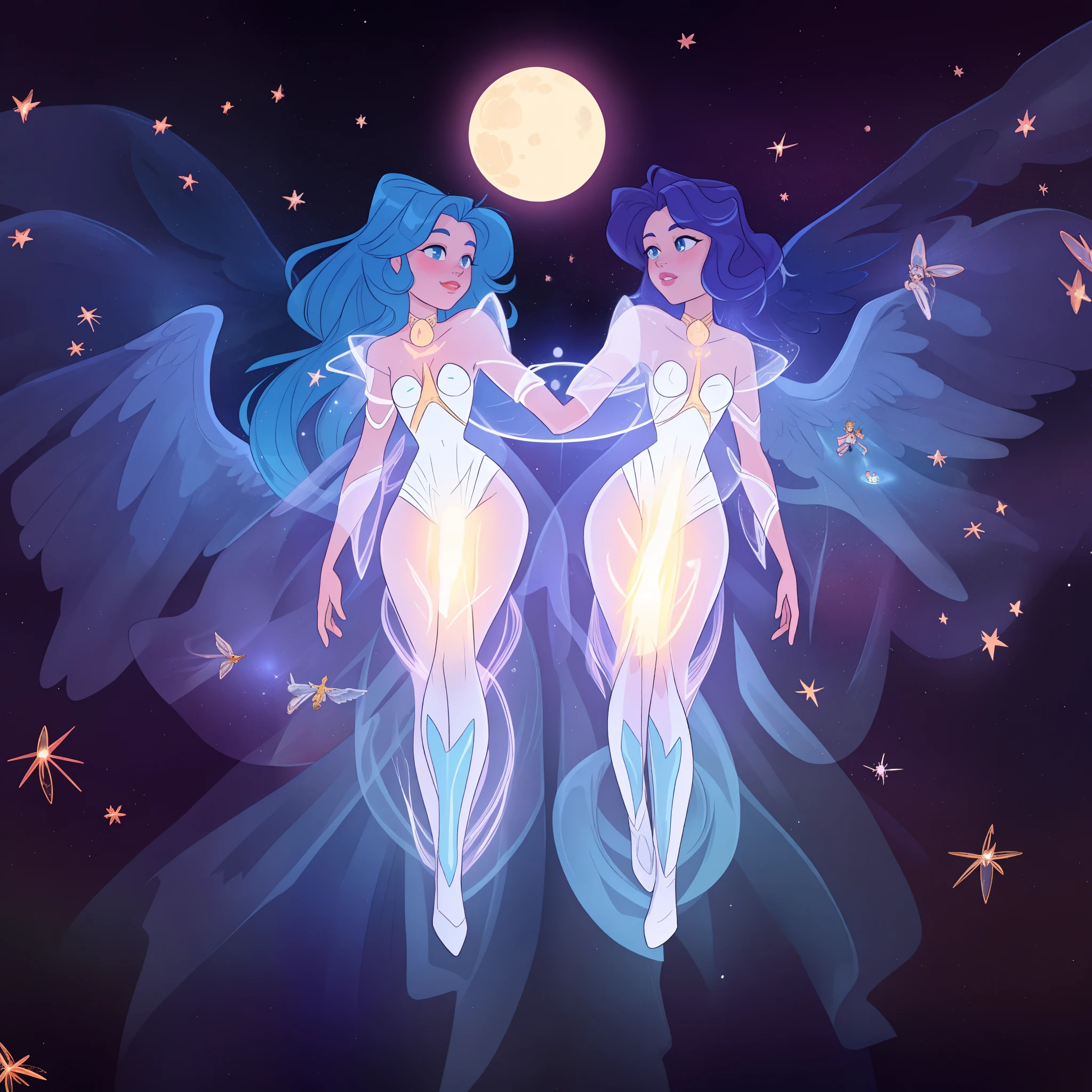 Lunar Lovers, A pair of celestial twins, one male and one female, with ethereal beauty and a cosmic aura. They share a telepathic bond and can create dazzling light displays with their connection.painting of two angels in a blue and purple space with a full moon, ethereal aurora spirits, beautiful gemini good and evil, astral appearance, some cosmic angels, in the astral plane, twin souls, beautiful gemini twins, solar beings, celestial goddess, moon goddess, astral ethereal, two pure moons, ethereal angelic being of light, gemini, astral travel