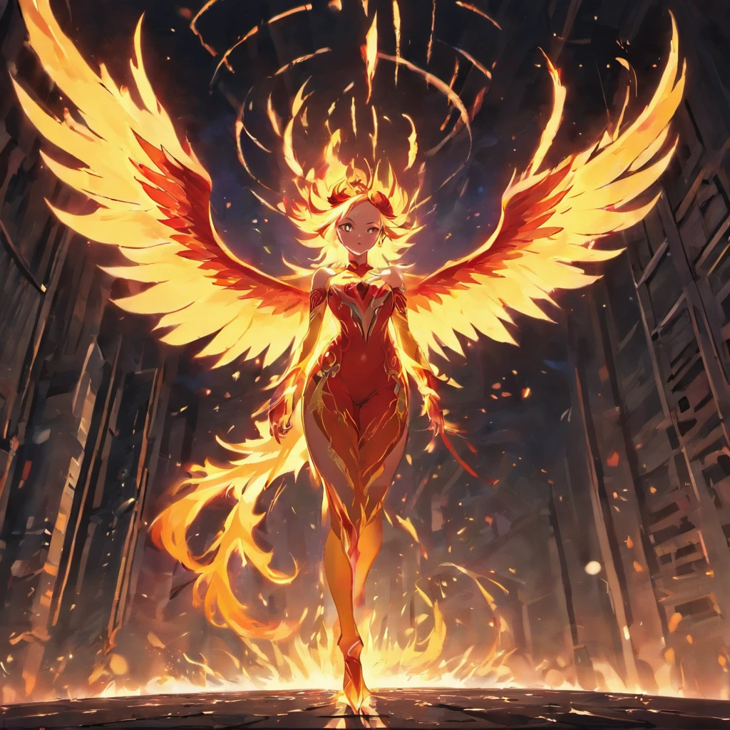 Chinese mythological style，Faraway view，The giant Firebird Phoenix stands in the middle of the burning building，massive wings，Glow effects，Hyper-realistic，Ultra photo realsisim，Chinese ink style，firey，，Smudge，Clouds，8K，super-fine，high qulity，The image of the firebird is intact and unobstructed（（（OC renderer）））