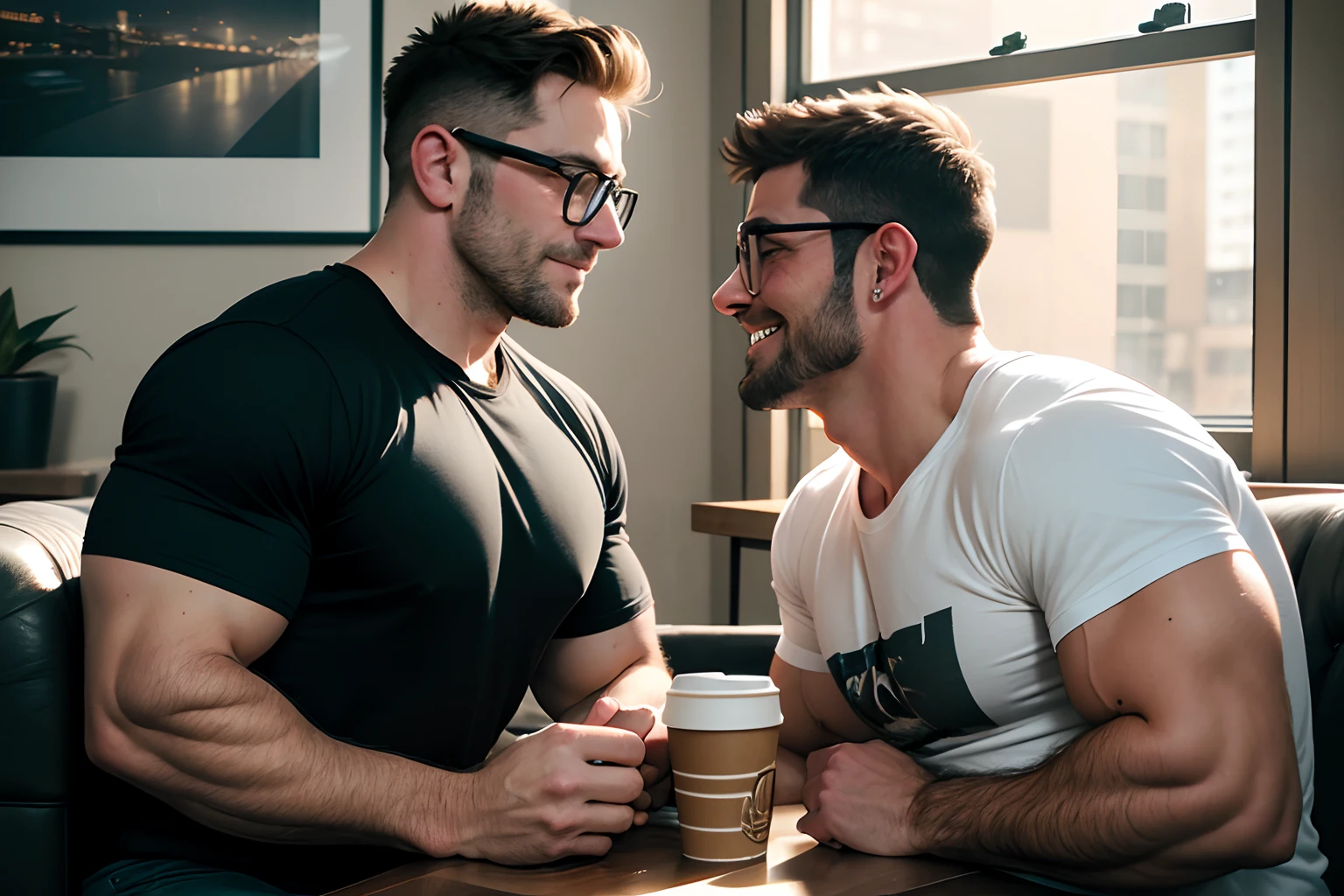 Award-winning original photos,2men, a 30 years old man and wild muscular man, (40 years old daddy:1.1), burly, hunk, both sitting in both sides of a coffee table, coffee shop, wearing glasses, cinematic lighting, T-shirts, smiles, window, from the side, looking at each other like falling in love