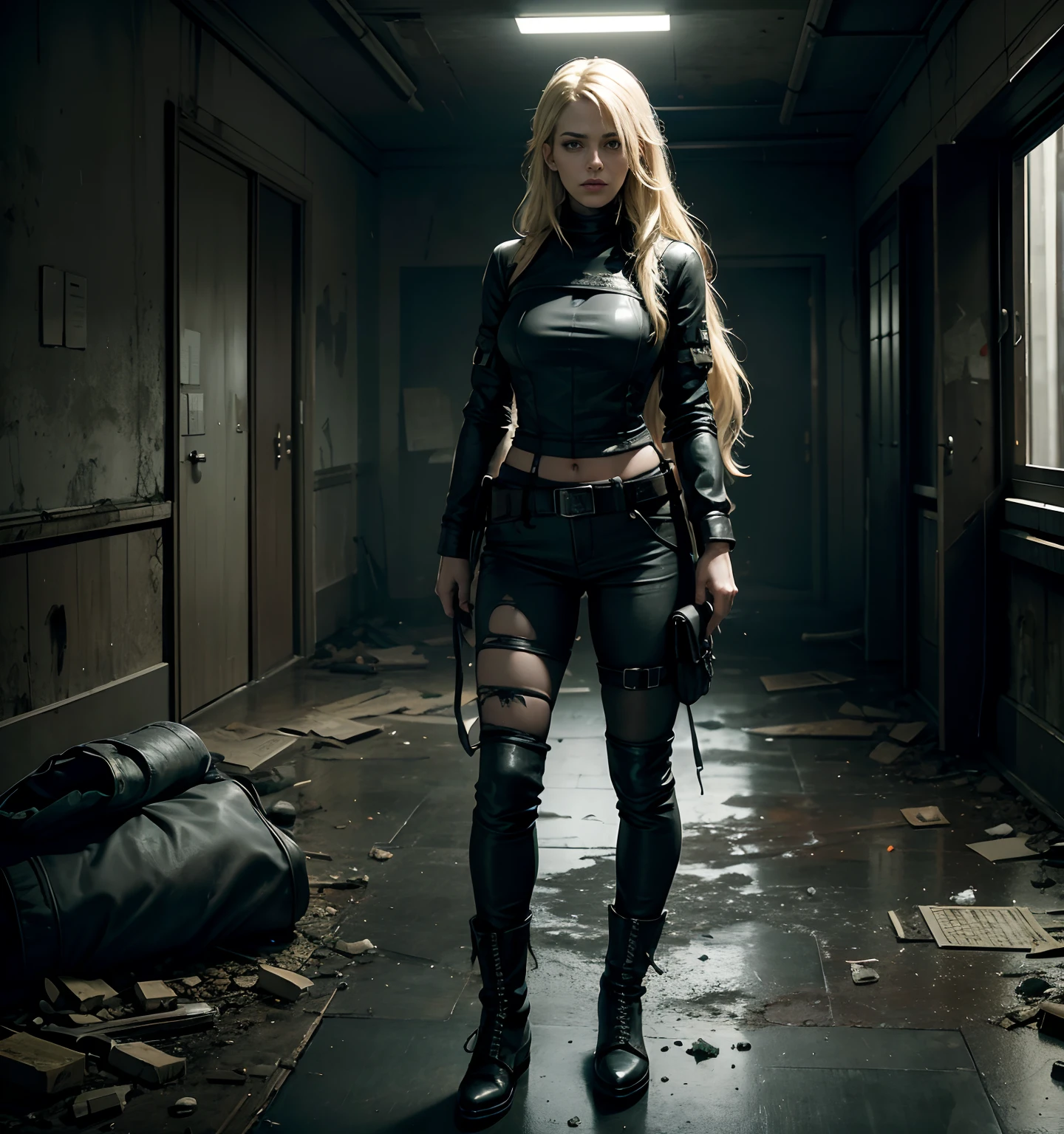 Hands down, Controlled state,Long blonde hair,black leather clothes,A look of determination,European and American woman face,Normal and even figure,eardrop,The bag is tied around the waist,Black leather pants,Black boots,Leg bandages,Broken and torn clothes,Dirty and messy makeup,The character is shown in full body,Abandoned hospital background,Dim Room,abandoned hospital,Super dim weather,Resident Evil, Zombie apocalypse background,Survived the apocalypse,Zombie game,4k wallpaper,Realistic scenes,ultraclear,Lots of detail,tmasterpiece,Need,very high res,