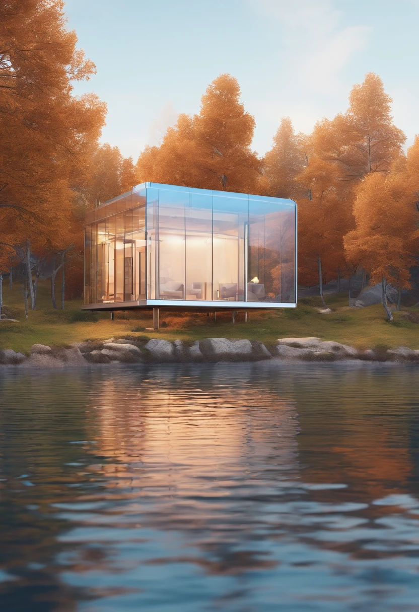 In the middle of the lake is a square glass house,Adopt the technology of the future,Plain white background 8k