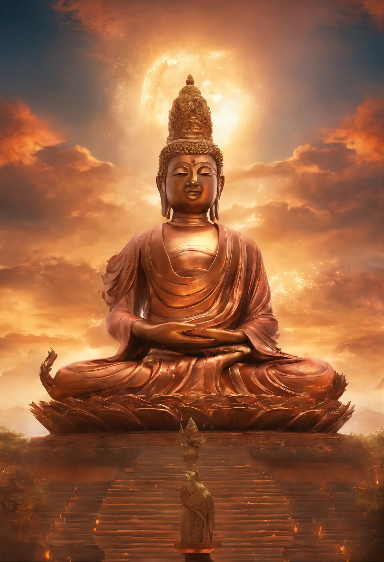 Copper material,on the sky, The cloud formation is huge, Bronze Maitreya Buddha statue,Thick clouds,and the sun was shining brightly,Pilgrims on the way,ultra-realistic realism,Ultra photo realsisim,Real Photographics,8K,A high resolution,High quality,Works of masters,Super Fain,(((OC-Renderer)))