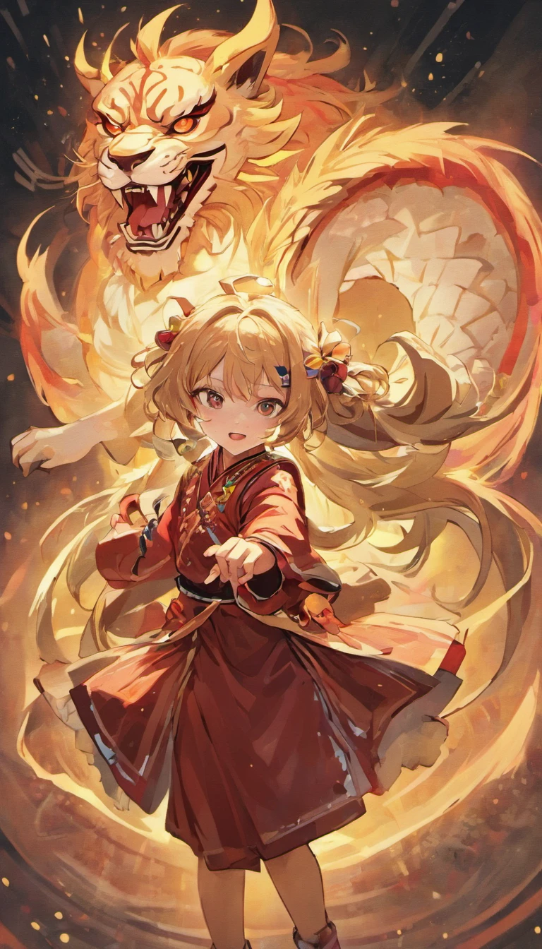 Traditional Chinese culture，1girll，lion dance，Awaken the lion，characteristic，The facial features are delicate and beautiful，The black and red lion head is worn on the head，Dance the lion's head dance with both hands，jubilation，The lion's eyes sparkled，