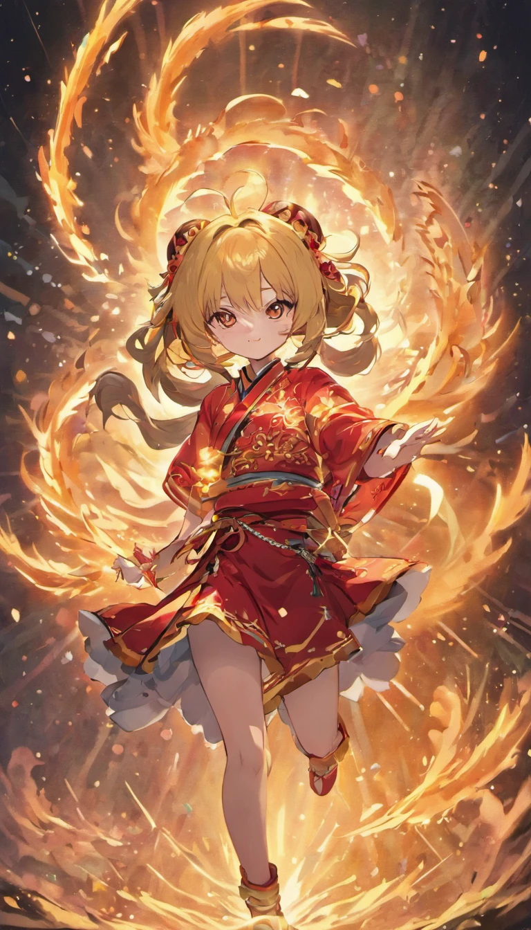 Traditional Chinese culture,1girll,lion dance,Awaken the lion,characteristic,The facial features are delicate and beautiful,The black and red lion head is worn on the head,Dance the lion's head dance with both hands,jubilation,The lion's eyes sparkled,