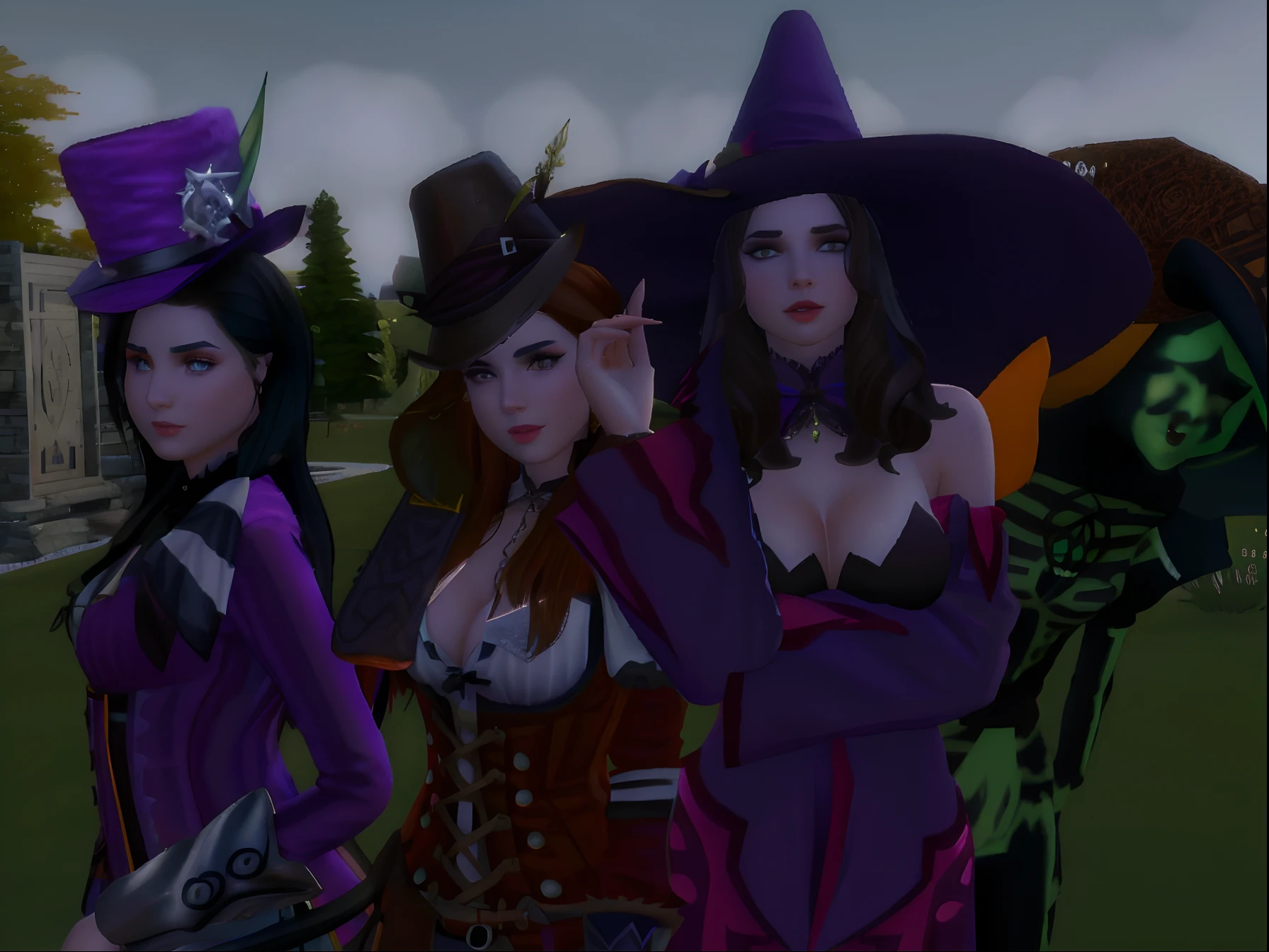 Three women dressed in costumes and hats standing in a field, O Conselho das Cadelas Assustadoras, pose de spellcasting, Bruxas, wearing a witch's hat, Scarry mas enfeitiçando, O Munster em segundo plano, menacingly!, Linha de reis em segundo plano, Witchy, pose sinistra, casting an evil spell, vestes roxas, roupas de bruxa