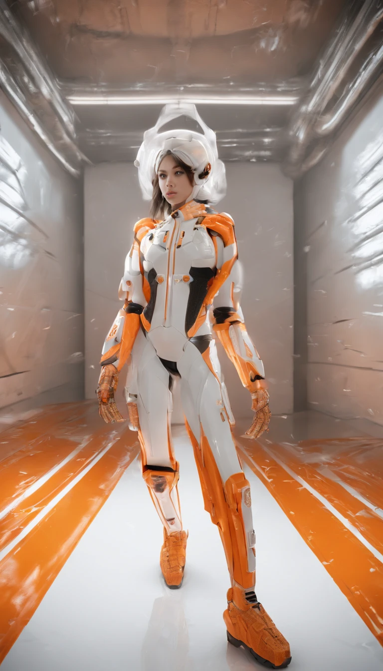 CGI artwork,inside in room,Exhibited,Catwalk,exhibit(Full body photo:1.4)Female mech, White background,Reflective floor,( Mirrored textured flooring: 1.0),(Close up: 1.0) (Dim tones: 1.5), lens_flare, (Don't look at the camera: 1.4) (looks away: 1.4) Solo (Full body shot: 1.0)Top light source.(orange and white color scheme:1.4)