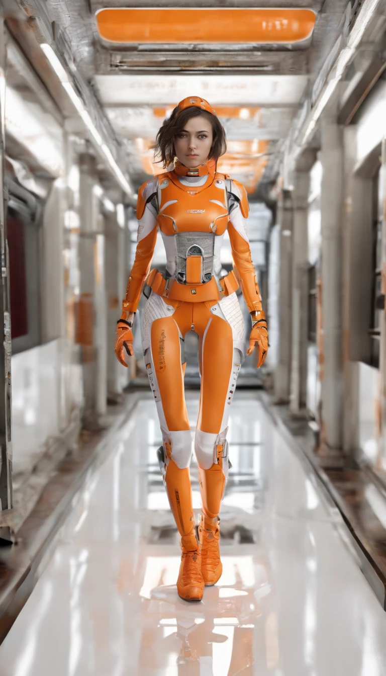 CGI artwork，inside in room，Exhibited，Catwalk，exhibit(Full body photo:1.4)Female mech, White background，Reflective floor,( Mirrored textured flooring: 1.0),(Close up: 1.0) (Dim tones: 1.5), lens_flare, (Don't look at the camera: 1.4) (looks away: 1.4) Solo (Full body shot: 1.0)Top light source.(orange and white color scheme:1.4)